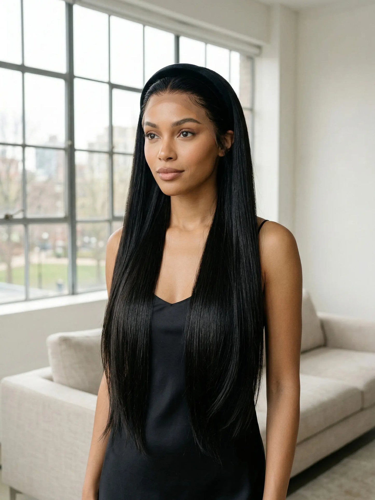 30-Inch Straight Lace Front Wig with Natural Black Color, Pre-Plucked Hairline, 50% Hair Blend, Handmade, Heat-Resistant, Glueless Human Hair