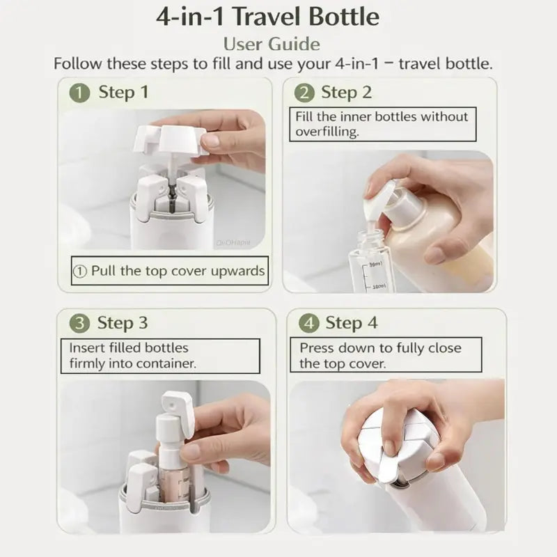 4-in-1 Portable Travel Dispenser for Toiletries - Leak-Proof Shampoo, Conditioner, and Lotion Storage with Pump for Business and Leisure Trips