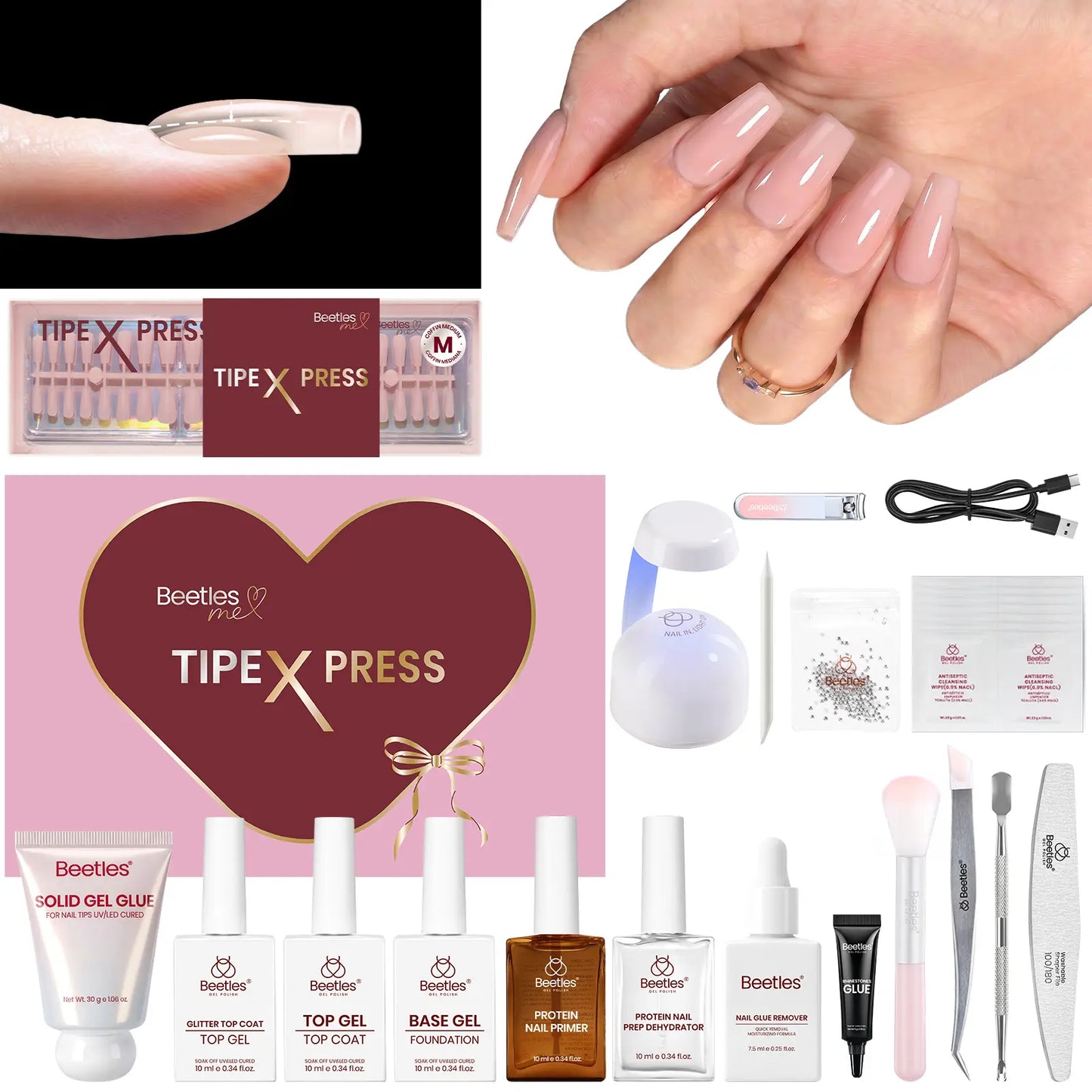 Beetles Tipex Press-On Nail Kit - 160 Pieces, 16 Sizes, Complete DIY Set with UV Lamp, Glue Gel, and Tools for Strong, Thick Nails with Built-In Apex - Perfect Gift for Her