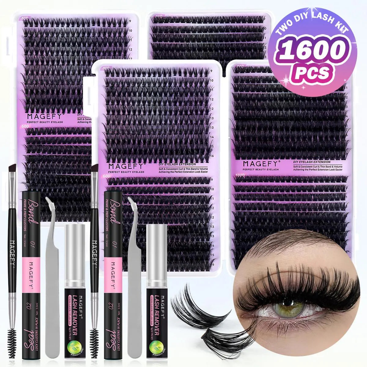 MAGEFY 3100-Piece Cluster Lash Extension Kit with Bond & Seal, Glue Remover, Tweezers, and Natural Fox Eye Cat Eye Lash Clusters - Soft and Lightweight False Eyelashes Set