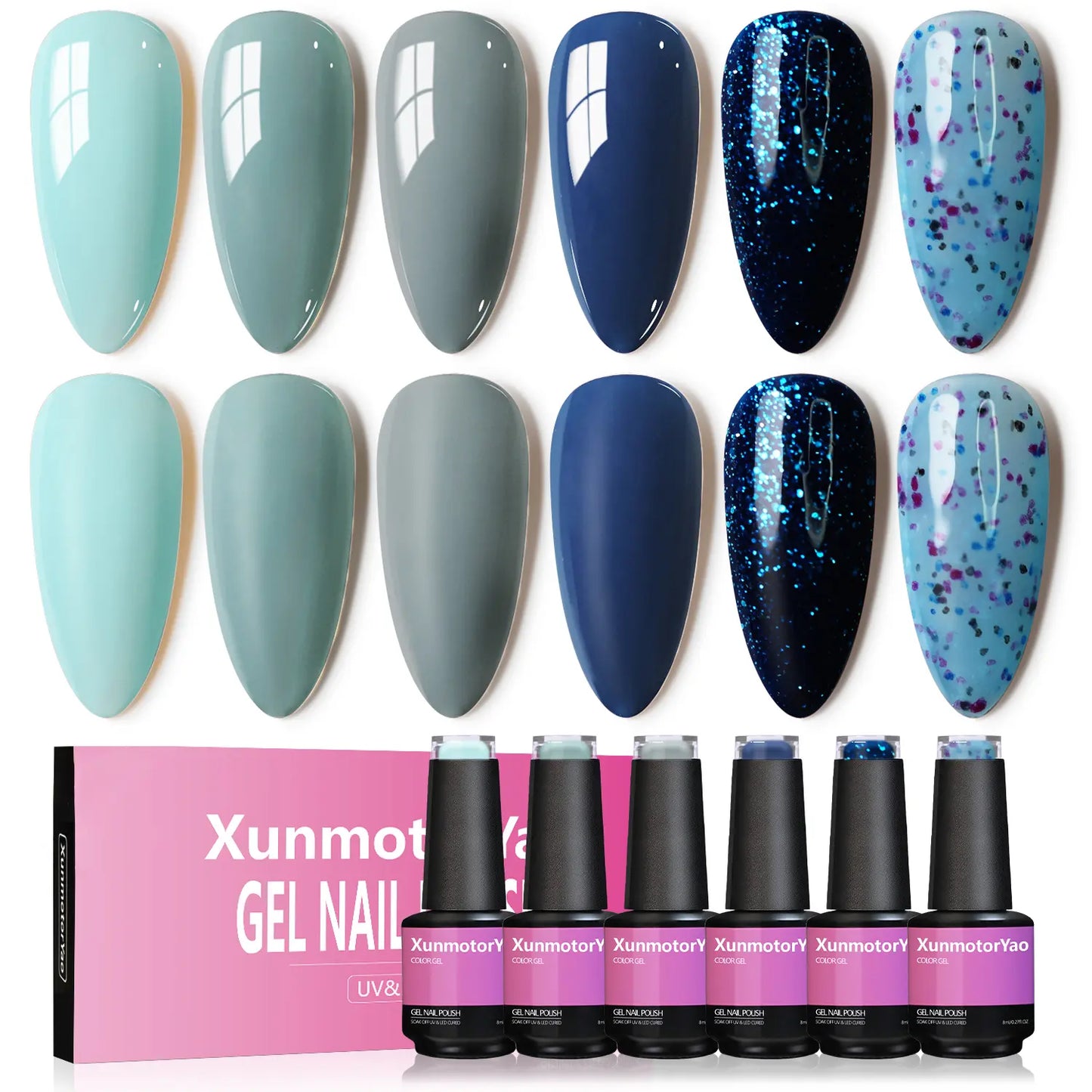 Xunmotor Gel Nail Polish Set - 6-Piece Soak Off UV LED Kit for Professional and Home Use, Fall/Winter Nail Art in Pink, Green, and Blue