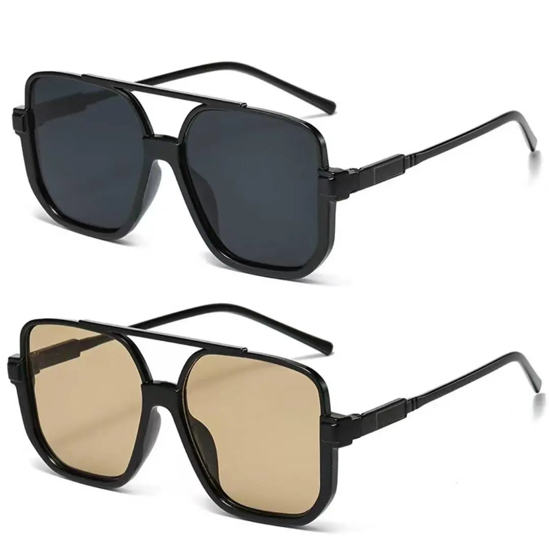 Oversized Square Double Bridge Sunglasses - 2-Pack, Y2K American Retro Style, Versatile Casual UV Protection Aviator Shades