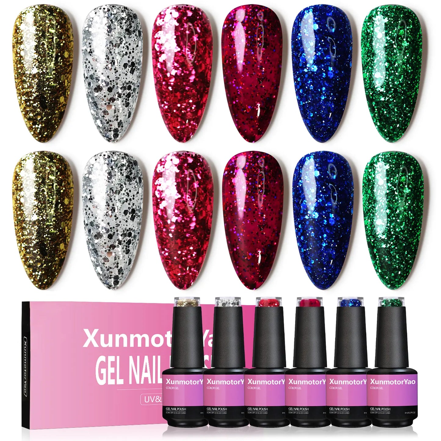Xunmotor Gel Nail Polish Set - 6-Piece Soak Off UV LED Kit for Professional and Home Use, Fall/Winter Nail Art in Pink, Green, and Blue