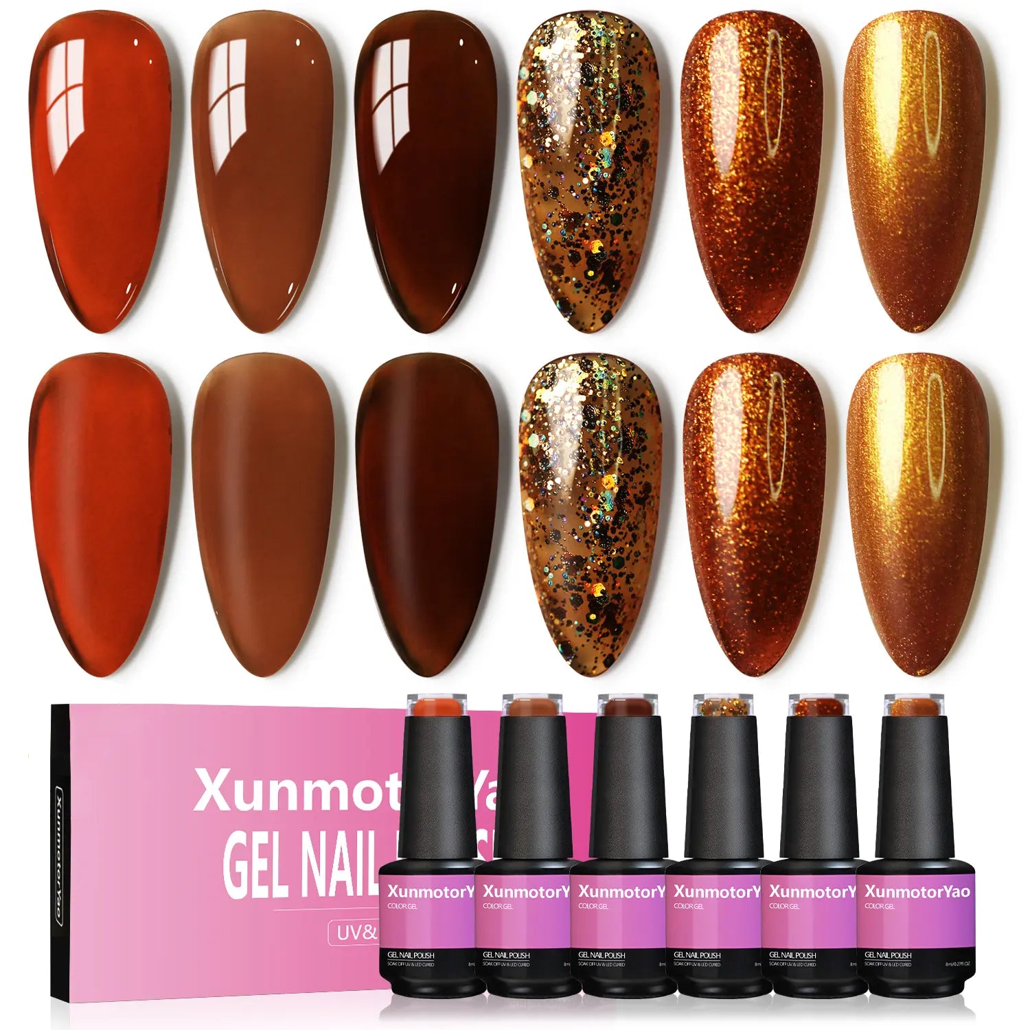 Xunmotor Gel Nail Polish Set - 6-Piece Soak Off UV LED Kit for Professional and Home Use, Fall/Winter Nail Art in Pink, Green, and Blue