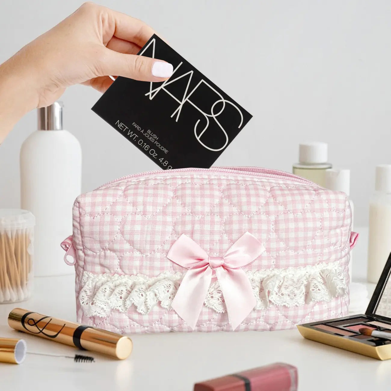 Quilted Touch-Up Cosmetic Bag for Women and Girls