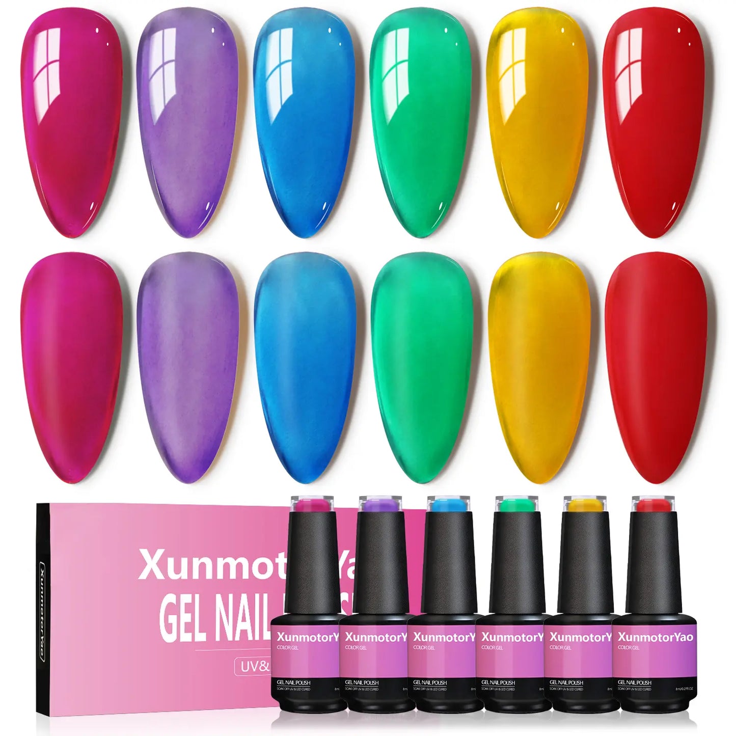 Xunmotor Gel Nail Polish Set - 6-Piece Soak Off UV LED Kit for Professional and Home Use, Fall/Winter Nail Art in Pink, Green, and Blue