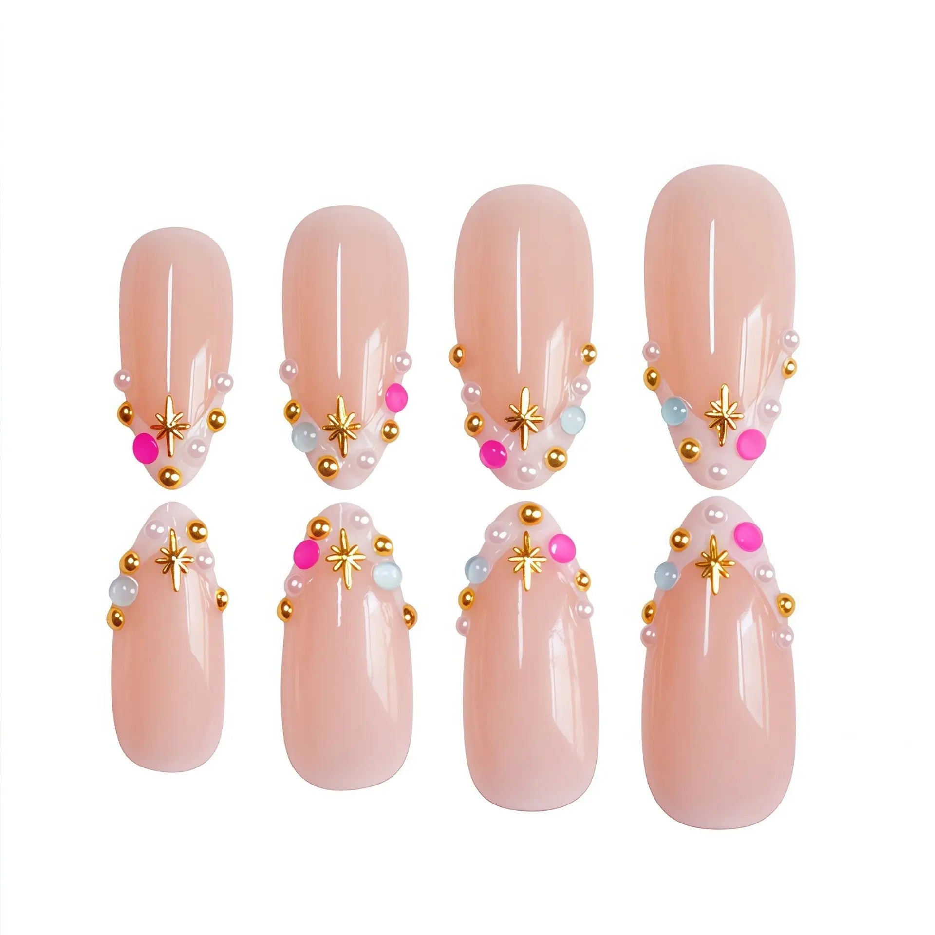 24 Reusable Almond-Shaped Press-On Nails with Nude Base, French Tips, and Rhinestone Accents for Women