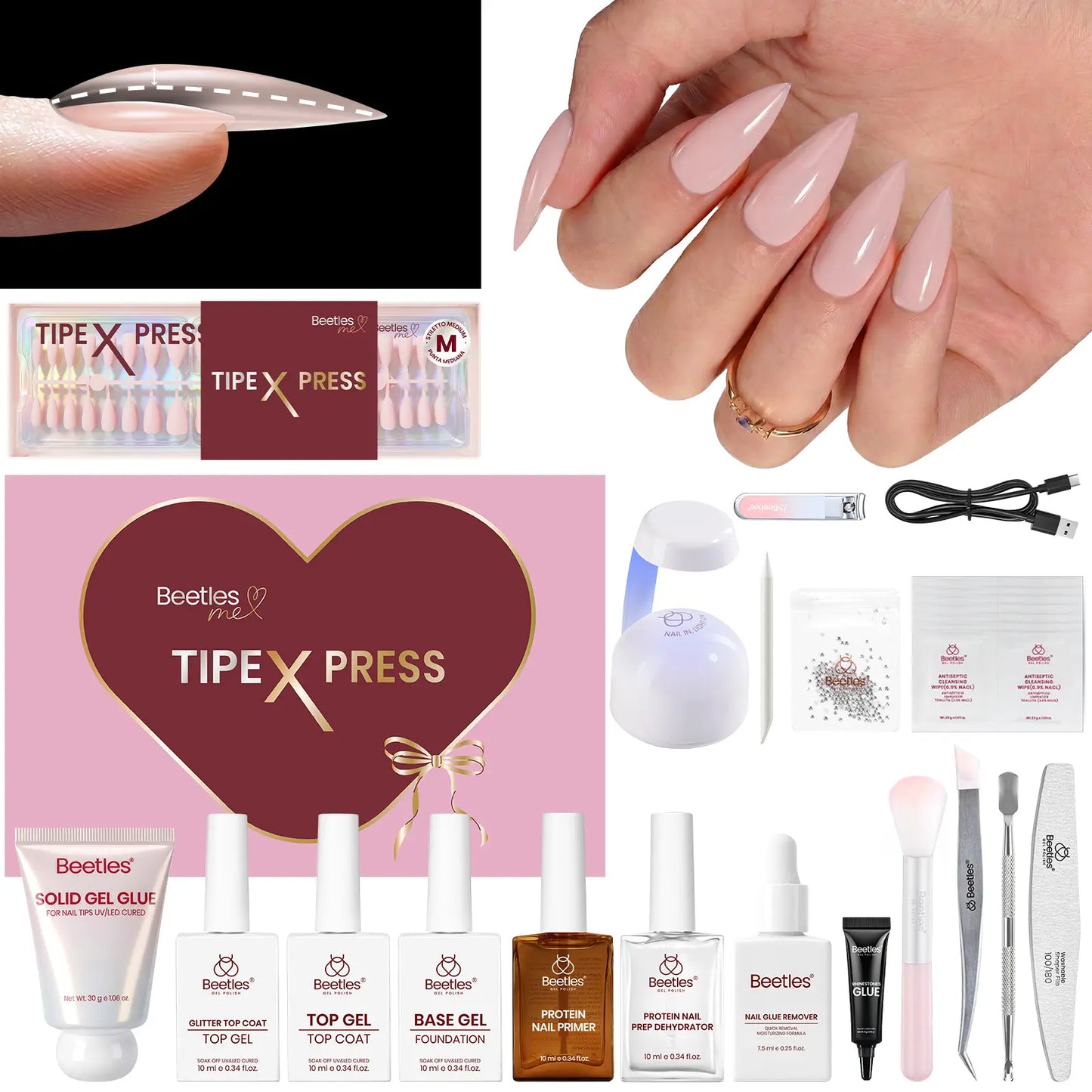 Beetles Tipex Press-On Nail Kit - 160 Pieces, 16 Sizes, Complete DIY Set with UV Lamp, Glue Gel, and Tools for Strong, Thick Nails with Built-In Apex - Perfect Gift for Her