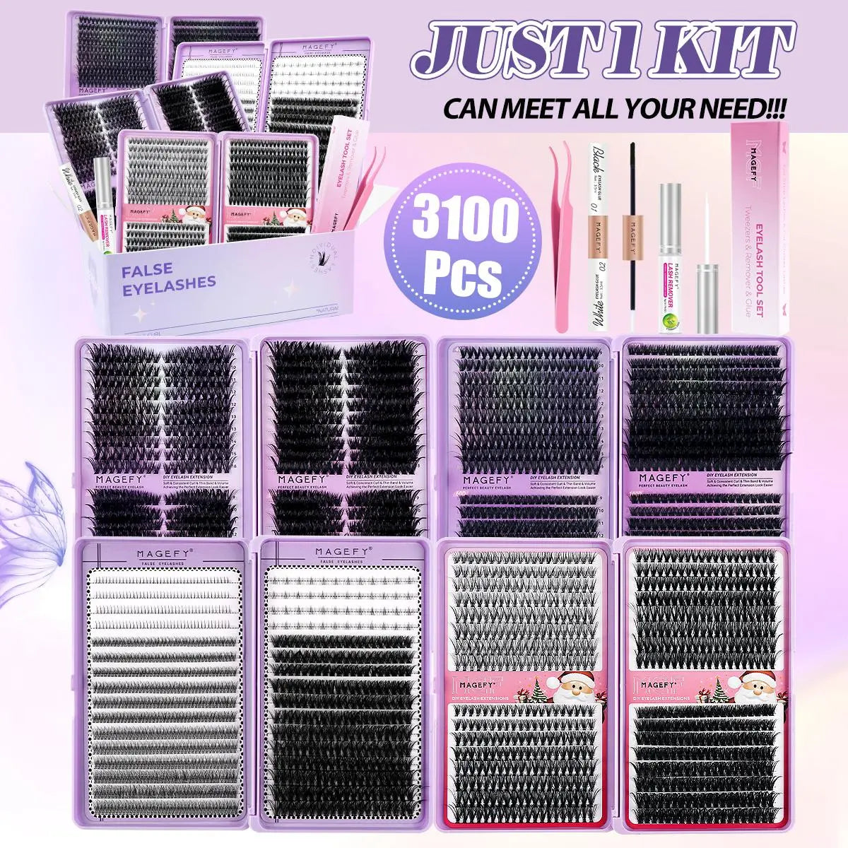 MAGEFY 3100-Piece Cluster Lash Extension Kit with Bond & Seal, Glue Remover, Tweezers, and Natural Fox Eye Cat Eye Lash Clusters - Soft and Lightweight False Eyelashes Set