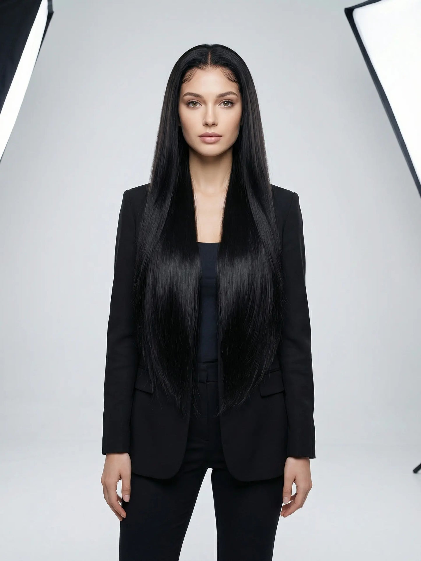 30-Inch Straight Lace Front Wig with Natural Black Color, Pre-Plucked Hairline, 50% Hair Blend, Handmade, Heat-Resistant, Glueless Human Hair