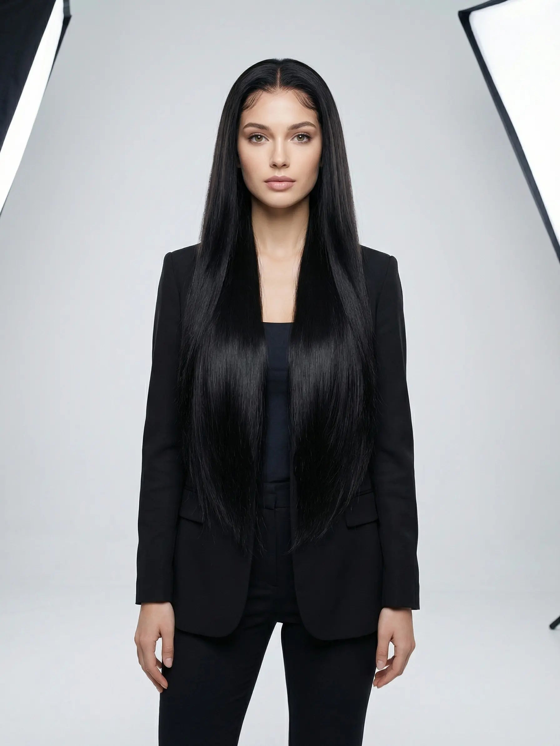 30-Inch Straight Lace Front Wig with Natural Black Color, Pre-Plucked Hairline, 50% Hair Blend, Handmade, Heat-Resistant, Glueless Human Hair