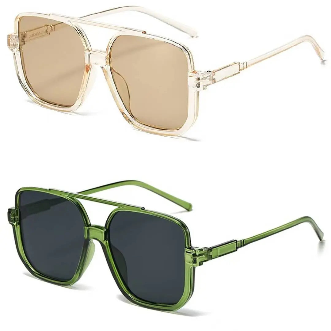 Oversized Square Double Bridge Sunglasses - 2-Pack, Y2K American Retro Style, Versatile Casual UV Protection Aviator Shades