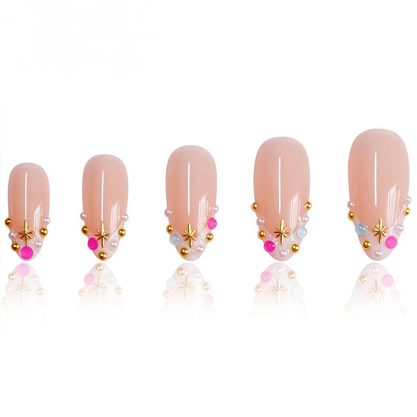 24 Reusable Almond-Shaped Press-On Nails with Nude Base, French Tips, and Rhinestone Accents for Women