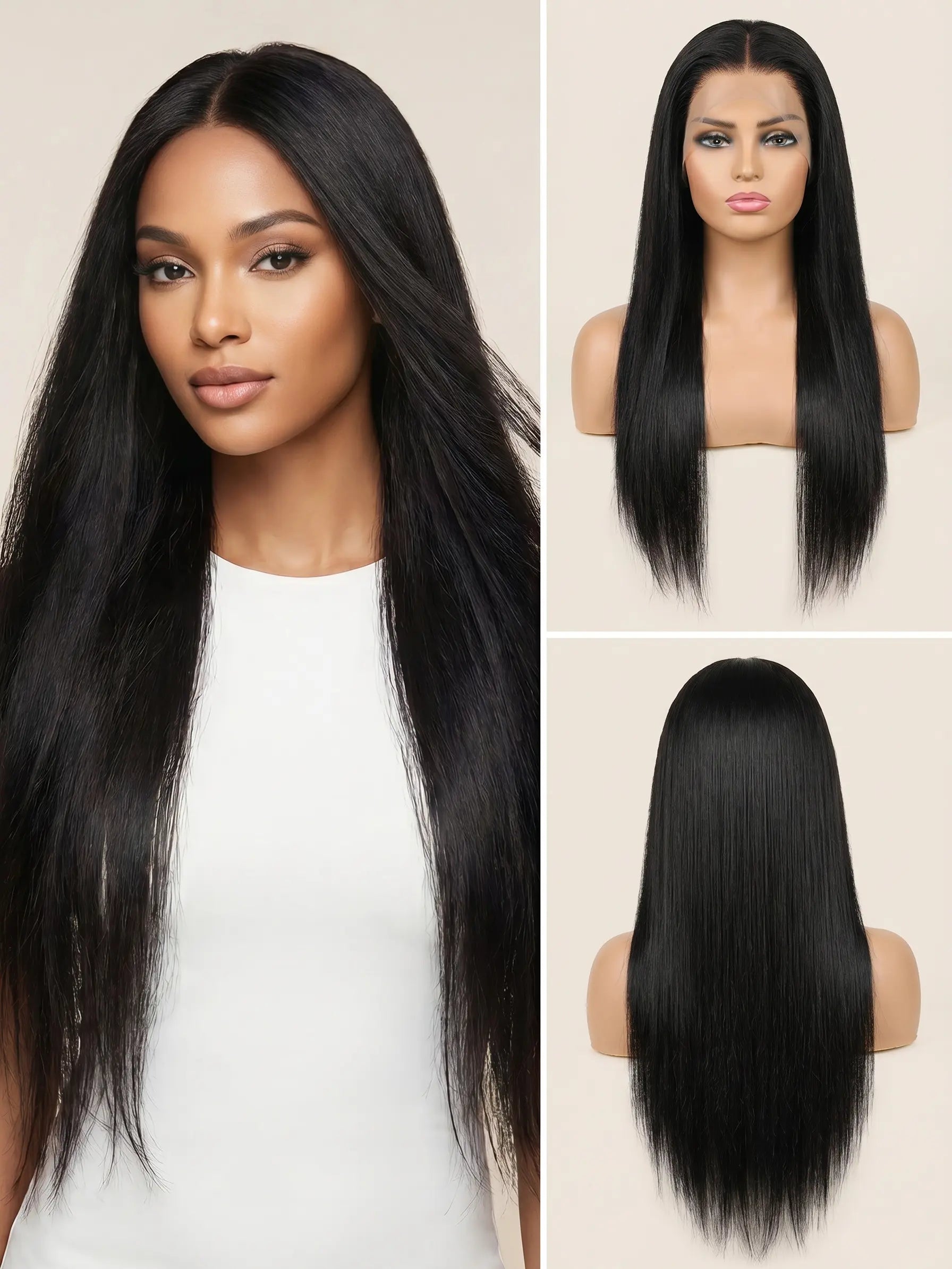 30-Inch Straight Lace Front Wig with Natural Black Color, Pre-Plucked Hairline, 50% Hair Blend, Handmade, Heat-Resistant, Glueless Human Hair