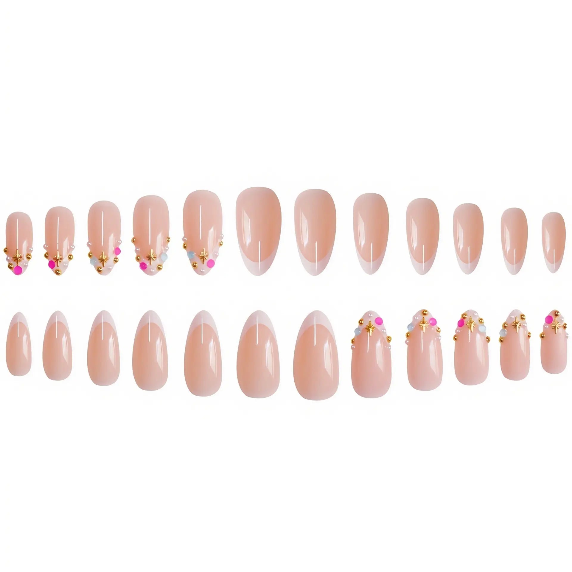 24 Reusable Almond-Shaped Press-On Nails with Nude Base, French Tips, and Rhinestone Accents for Women