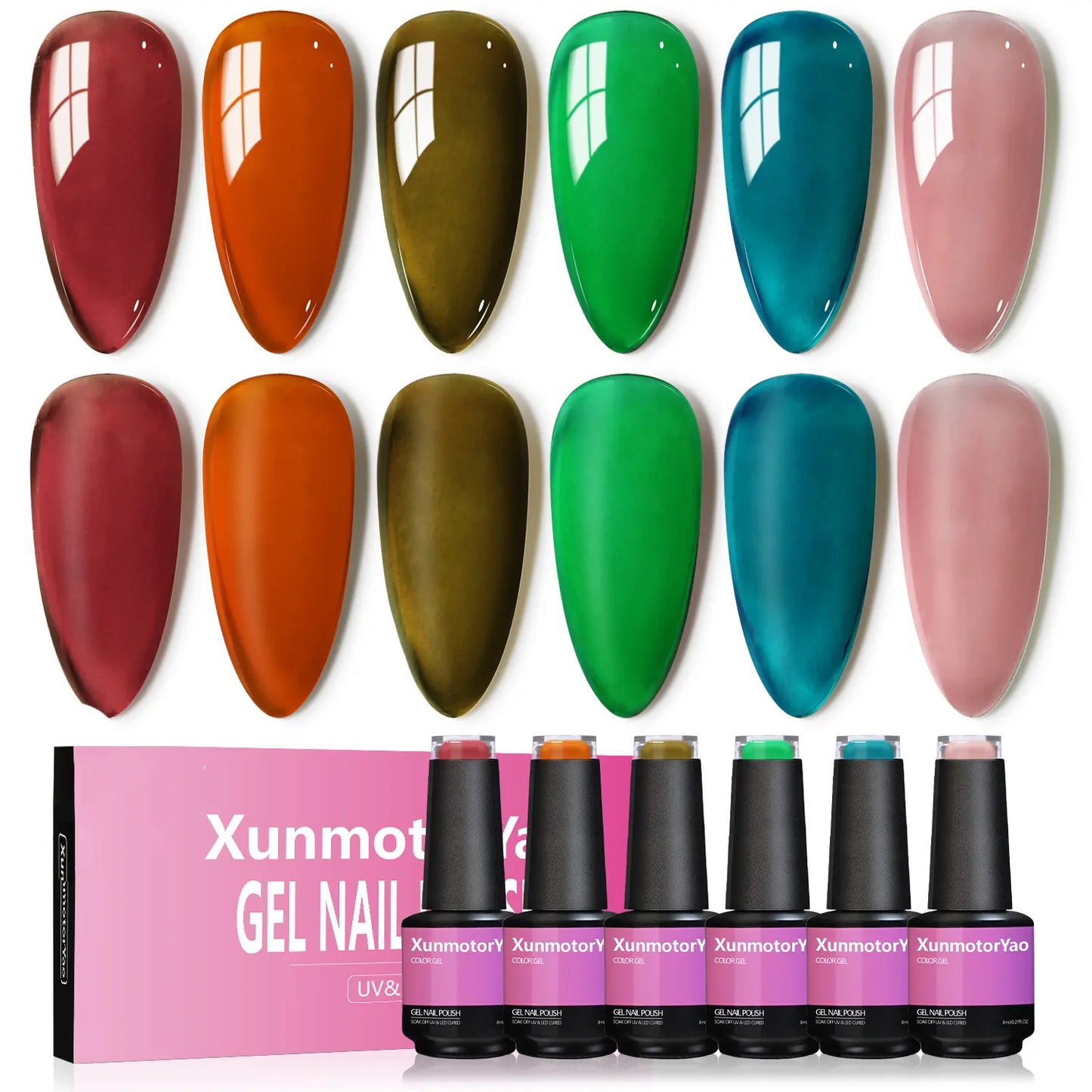 Xunmotor Gel Nail Polish Set - 6-Piece Soak Off UV LED Kit for Professional and Home Use, Fall/Winter Nail Art in Pink, Green, and Blue
