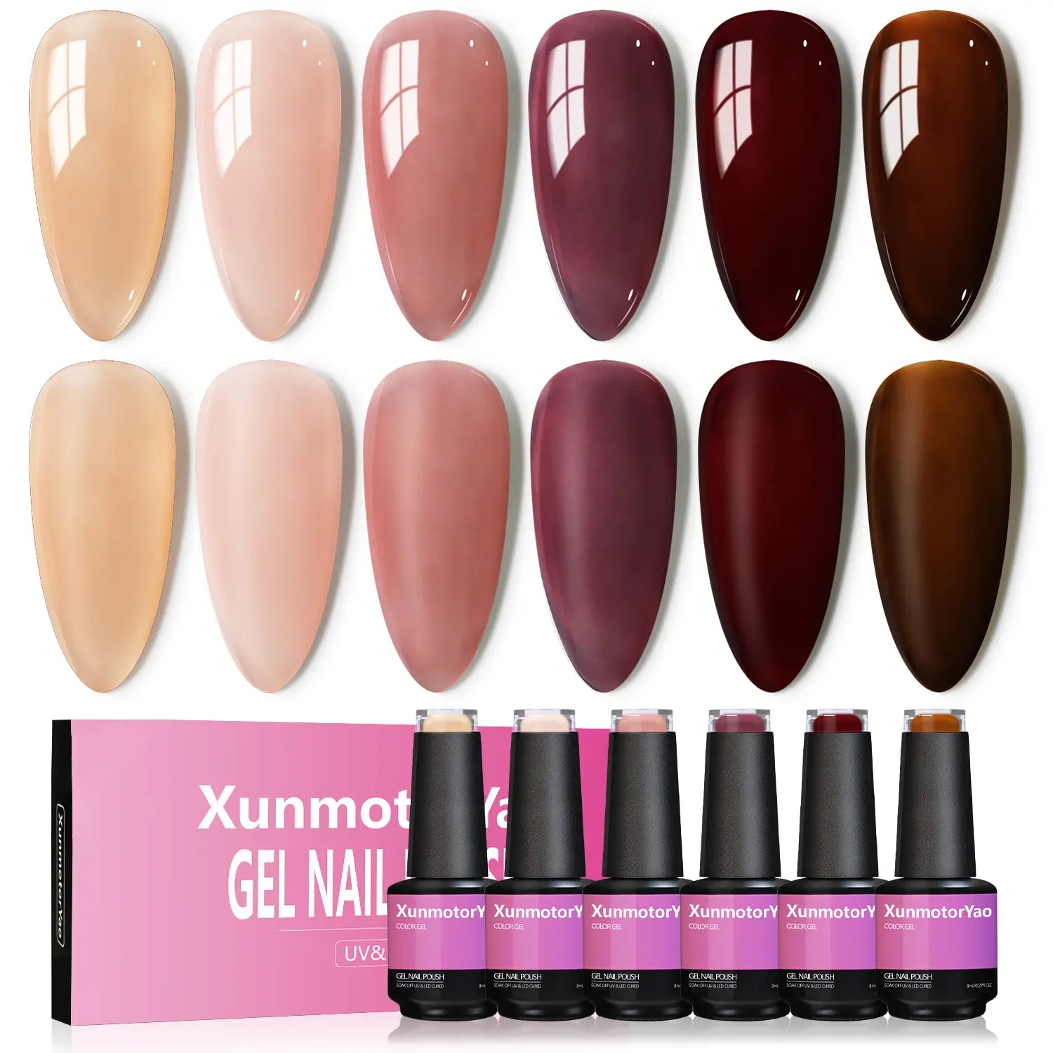 Xunmotor Gel Nail Polish Set - 6-Piece Soak Off UV LED Kit for Professional and Home Use, Fall/Winter Nail Art in Pink, Green, and Blue