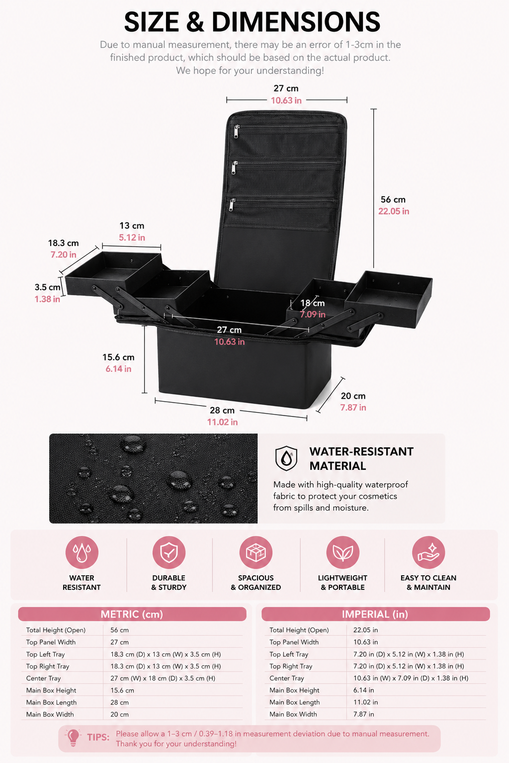 Professional Makeup Train Case — 3-Tier Cantilever Trays, Water-Resistant Oxford