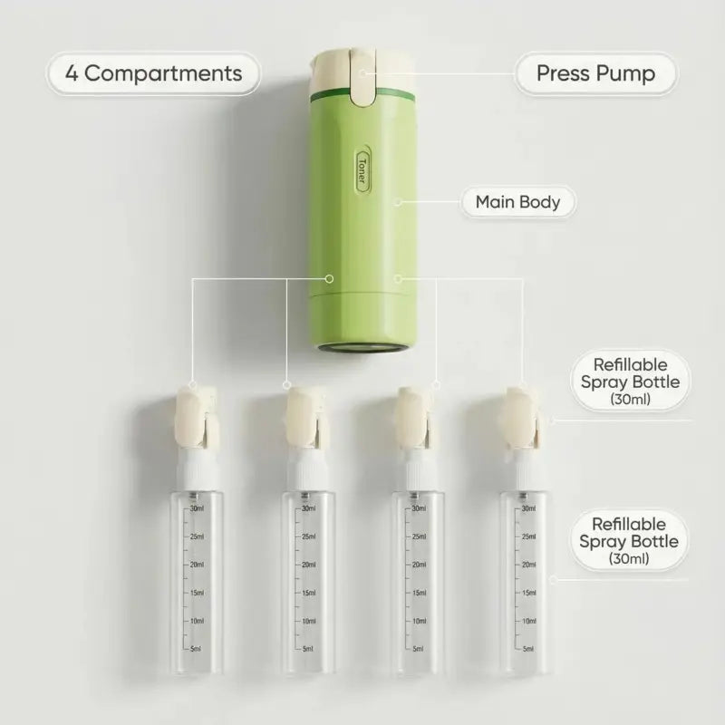 4-in-1 Portable Travel Dispenser for Toiletries - Leak-Proof Shampoo, Conditioner, and Lotion Storage with Pump for Business and Leisure Trips