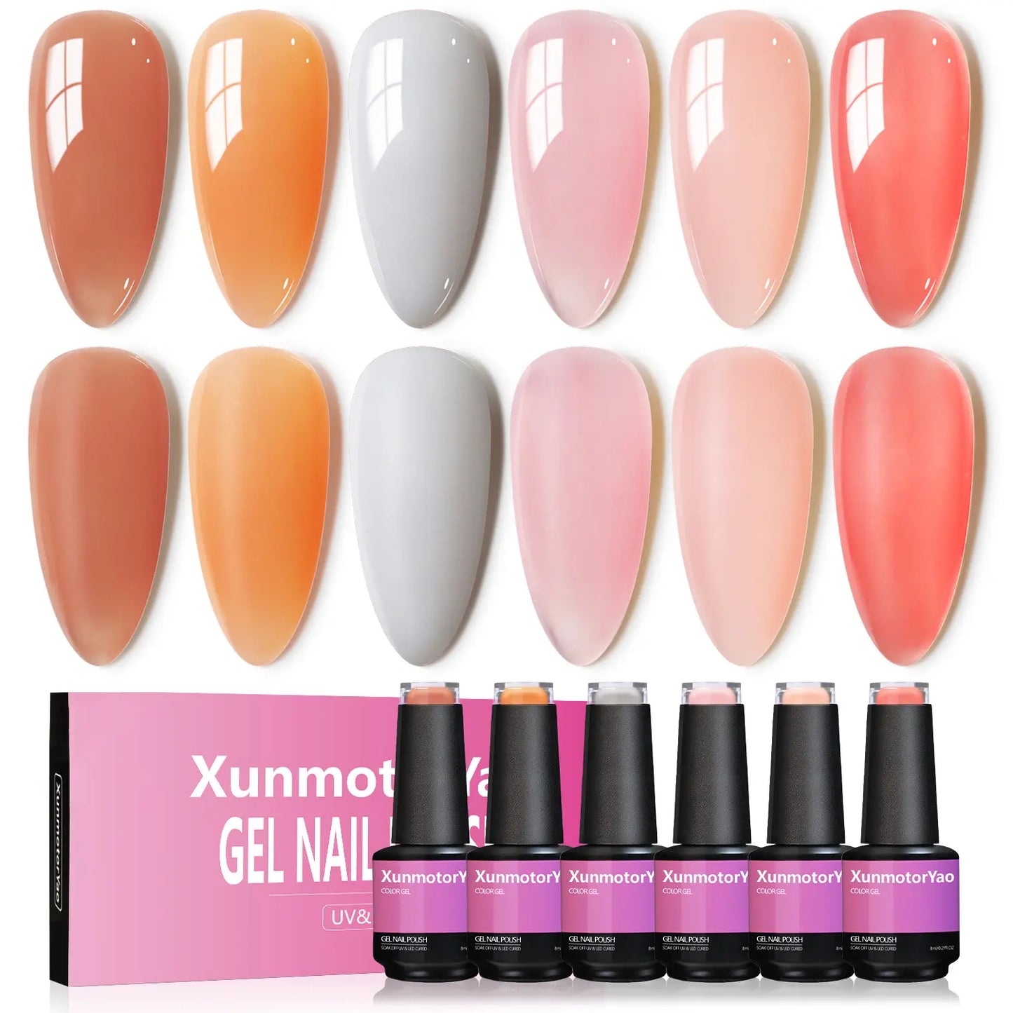 Xunmotor Gel Nail Polish Set - 6-Piece Soak Off UV LED Kit for Professional and Home Use, Fall/Winter Nail Art in Pink, Green, and Blue