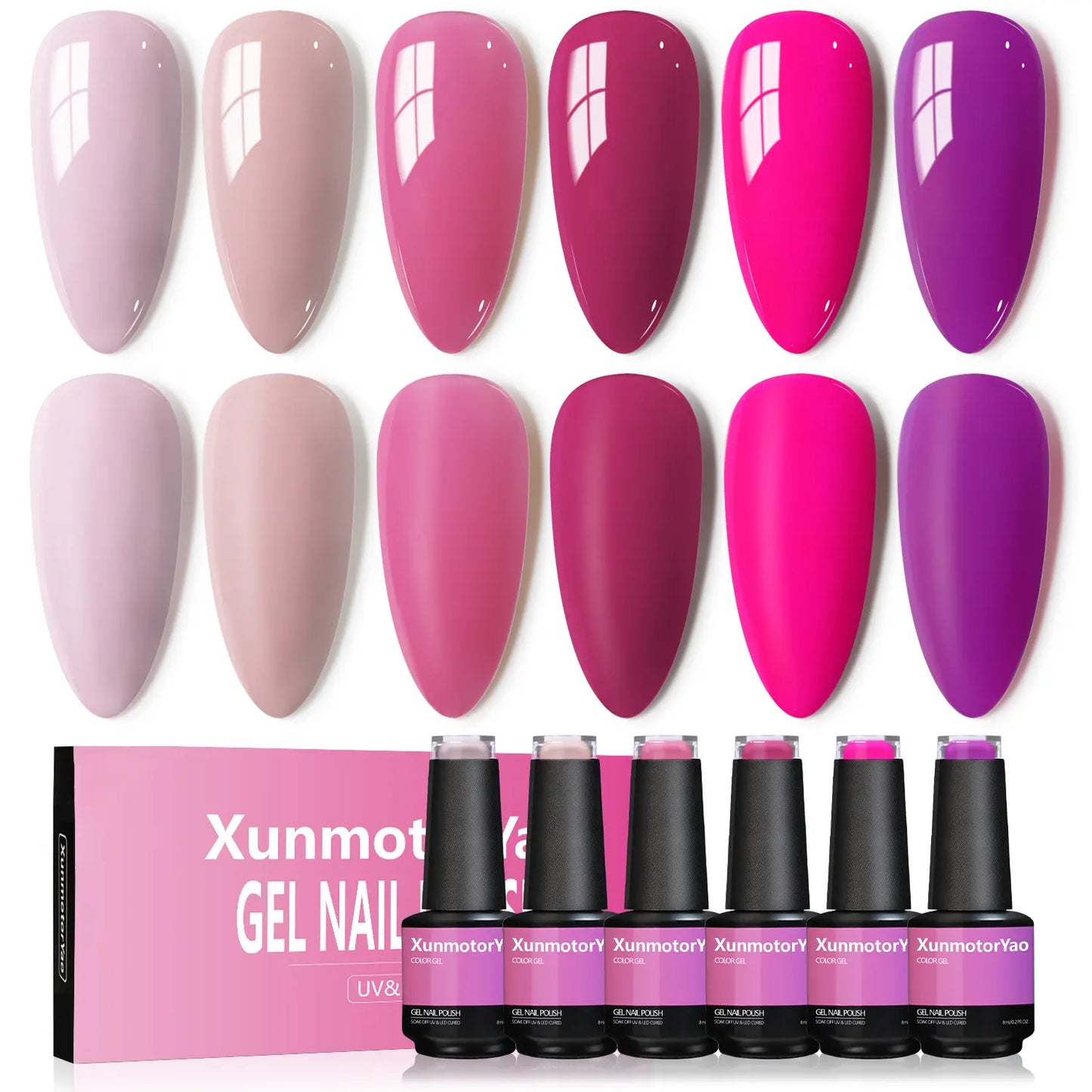 Xunmotor Gel Nail Polish Set - 6-Piece Soak Off UV LED Kit for Professional and Home Use, Fall/Winter Nail Art in Pink, Green, and Blue