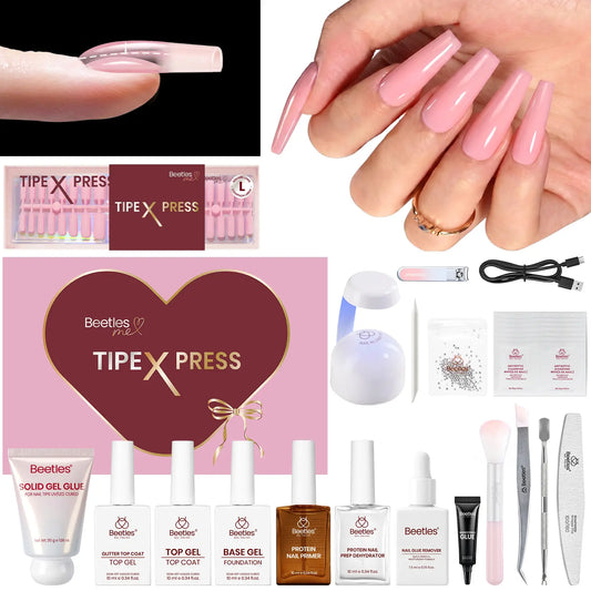 Beetles Tipex Press-On Nail Kit - 160 Pieces, 16 Sizes, Complete DIY Set with UV Lamp, Glue Gel, and Tools for Strong, Thick Nails with Built-In Apex - Perfect Gift for Her