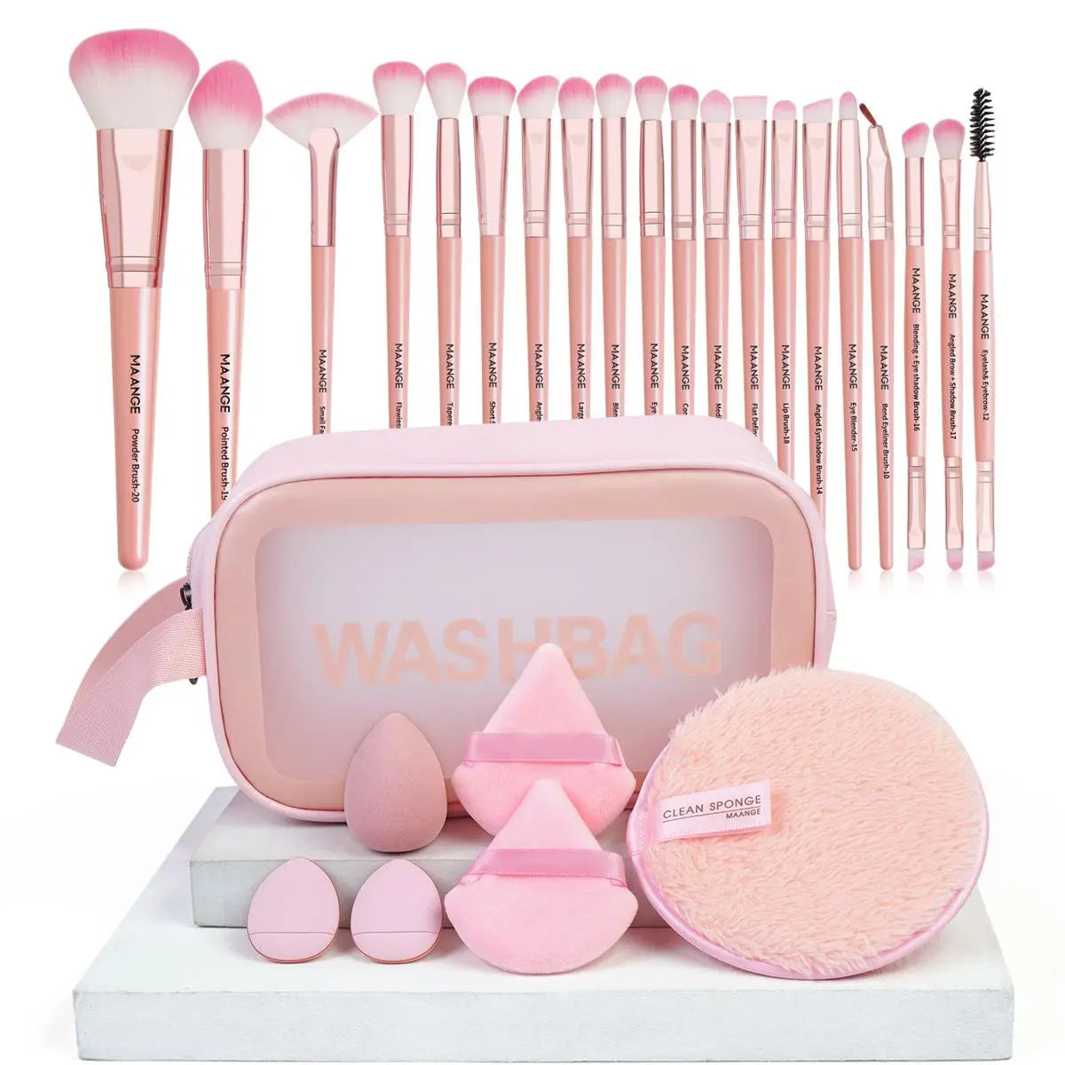 MAANGE Professional 27-Piece Makeup Brush Set with Beauty Sponges, Face Cleaning Sponge, and Makeup Bag - Essential Makeup Tools and Accessories for Women