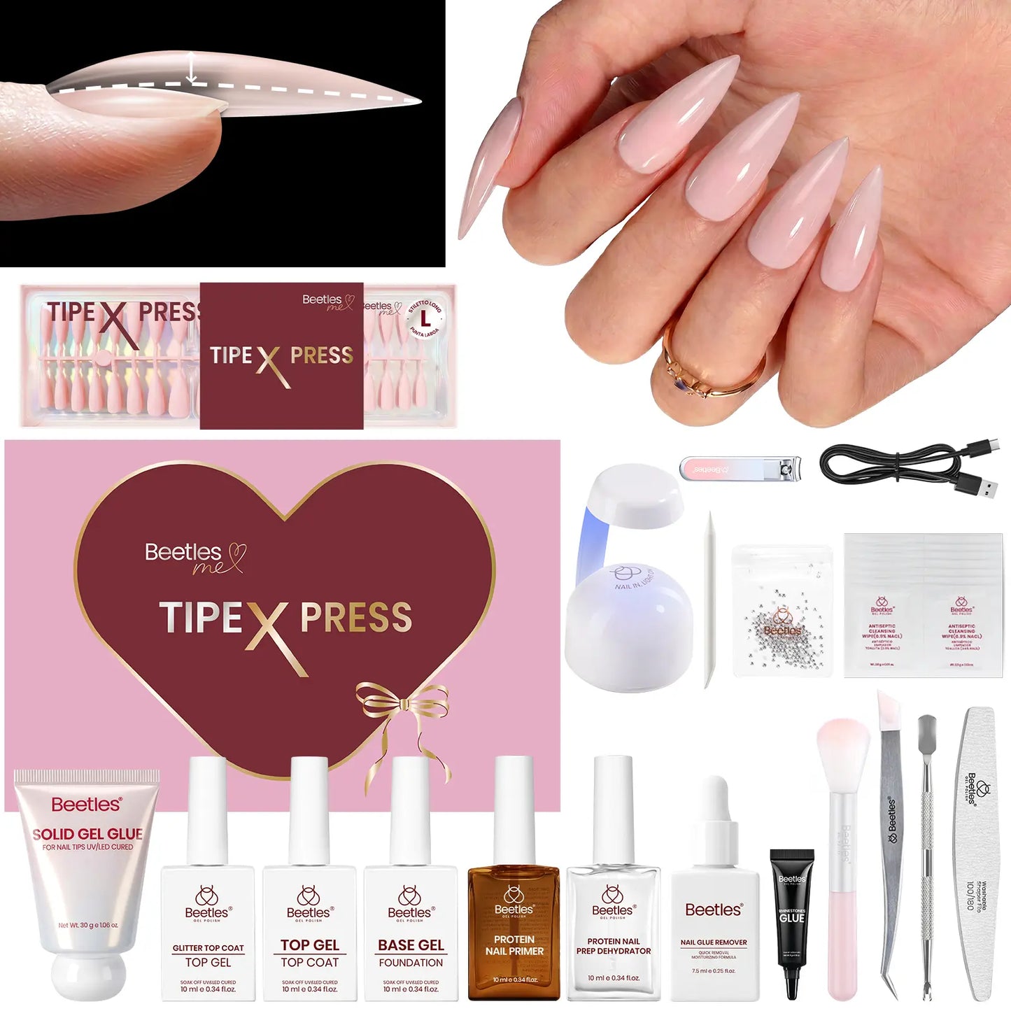 Beetles Tipex Press-On Nail Kit - 160 Pieces, 16 Sizes, Complete DIY Set with UV Lamp, Glue Gel, and Tools for Strong, Thick Nails with Built-In Apex - Perfect Gift for Her