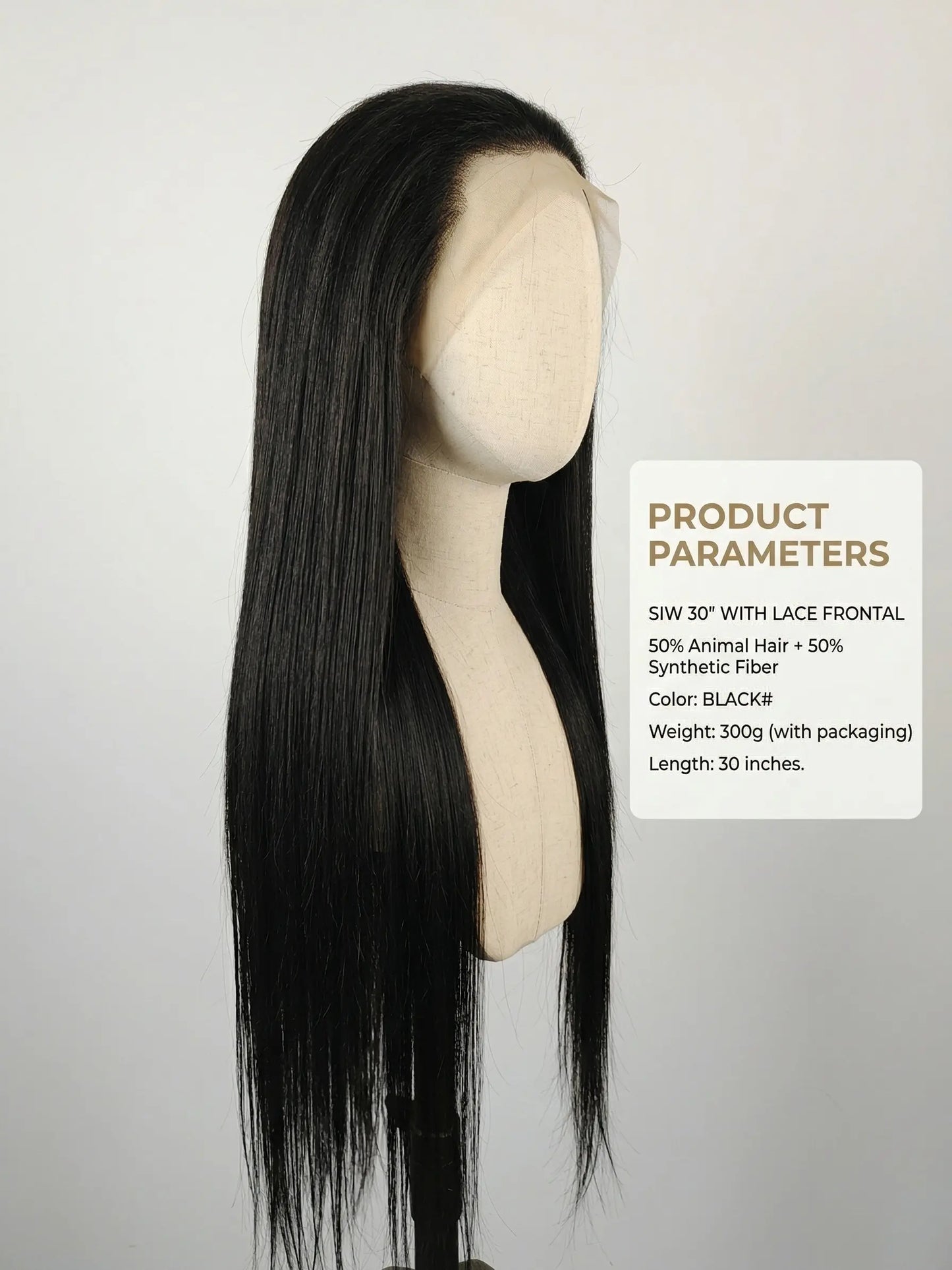 30-Inch Straight Lace Front Wig with Natural Black Color, Pre-Plucked Hairline, 50% Hair Blend, Handmade, Heat-Resistant, Glueless Human Hair