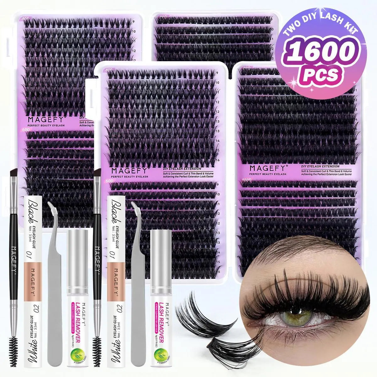 MAGEFY 3100-Piece Cluster Lash Extension Kit with Bond & Seal, Glue Remover, Tweezers, and Natural Fox Eye Cat Eye Lash Clusters - Soft and Lightweight False Eyelashes Set