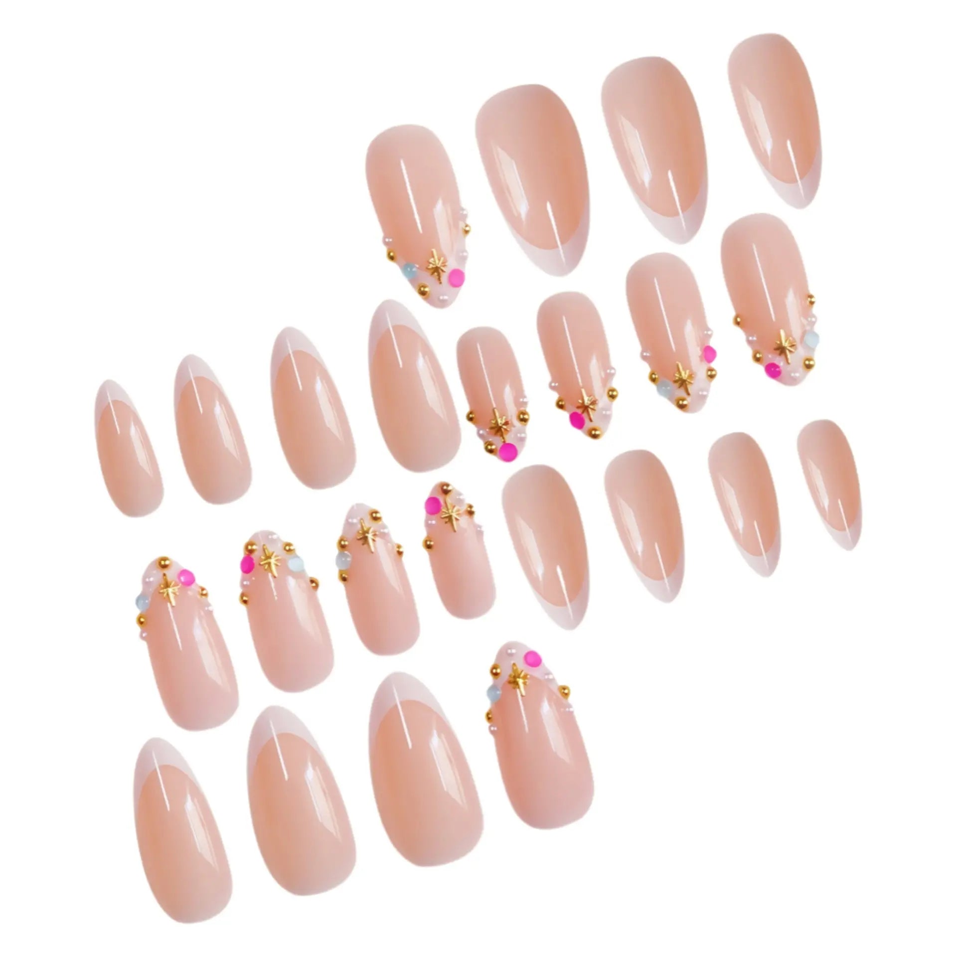24 Reusable Almond-Shaped Press-On Nails with Nude Base, French Tips, and Rhinestone Accents for Women