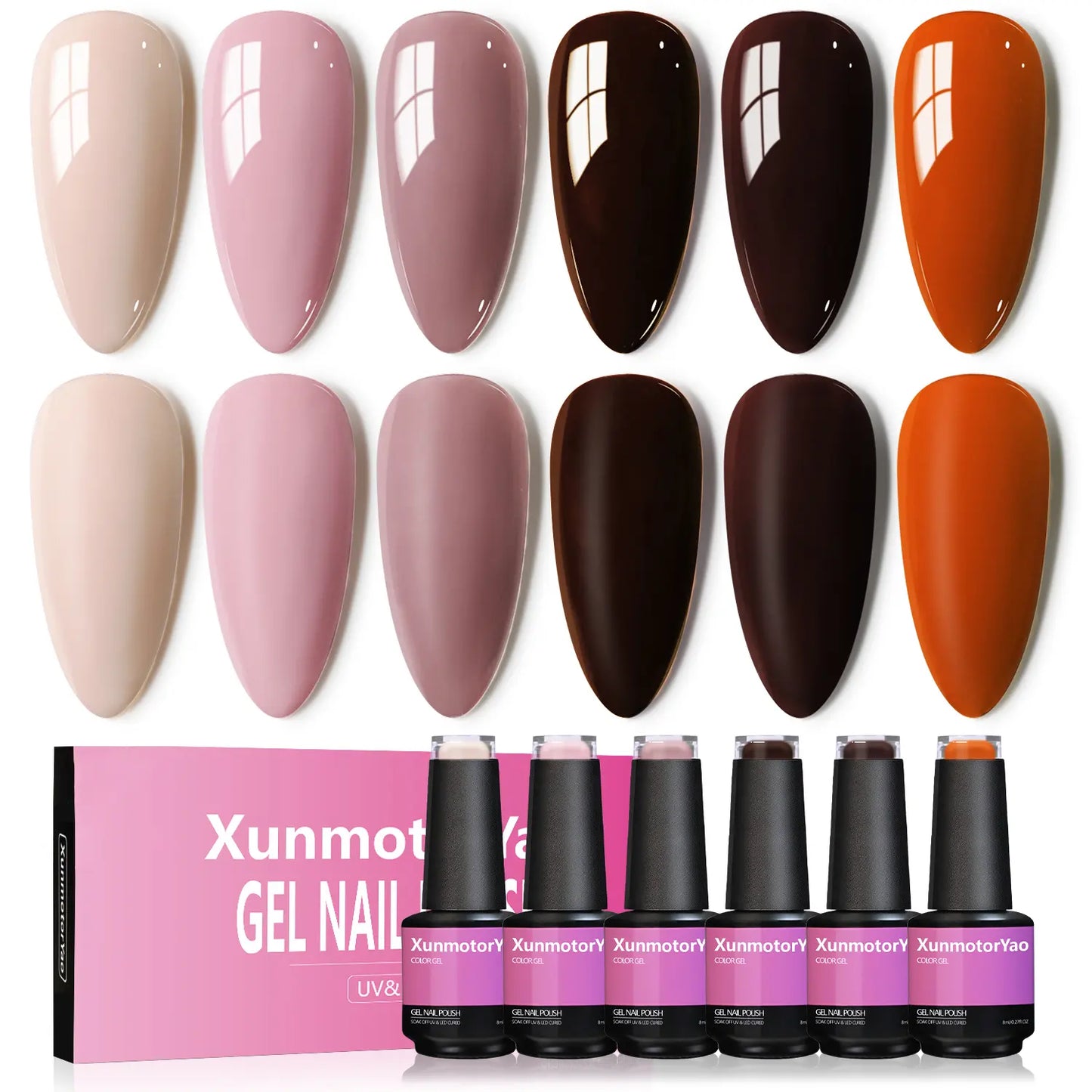 Xunmotor Gel Nail Polish Set - 6-Piece Soak Off UV LED Kit for Professional and Home Use, Fall/Winter Nail Art in Pink, Green, and Blue