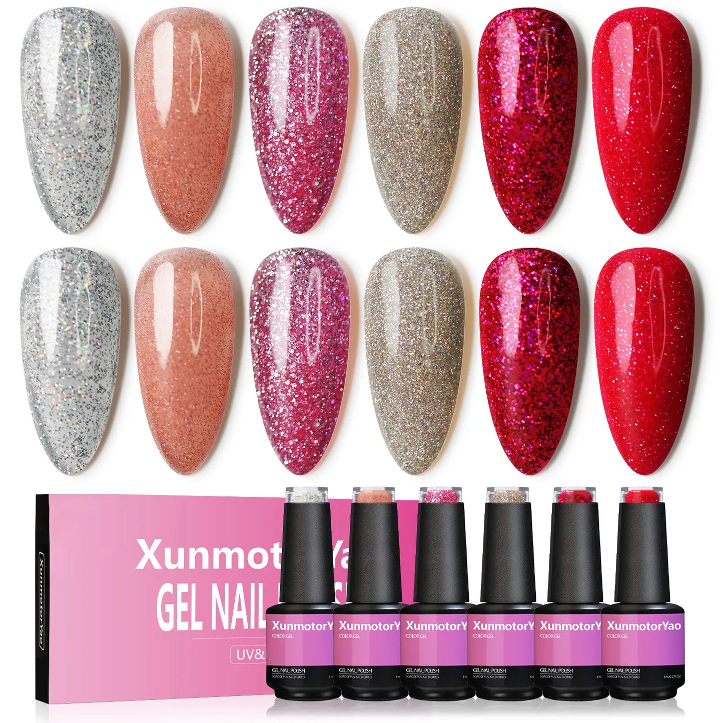 Xunmotor Gel Nail Polish Set - 6-Piece Soak Off UV LED Kit for Professional and Home Use, Fall/Winter Nail Art in Pink, Green, and Blue