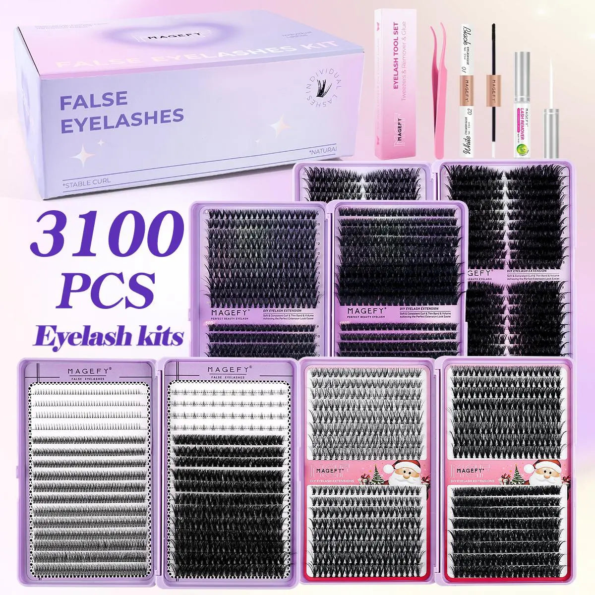 MAGEFY 3100-Piece Cluster Lash Extension Kit with Bond & Seal, Glue Remover, Tweezers, and Natural Fox Eye Cat Eye Lash Clusters - Soft and Lightweight False Eyelashes Set