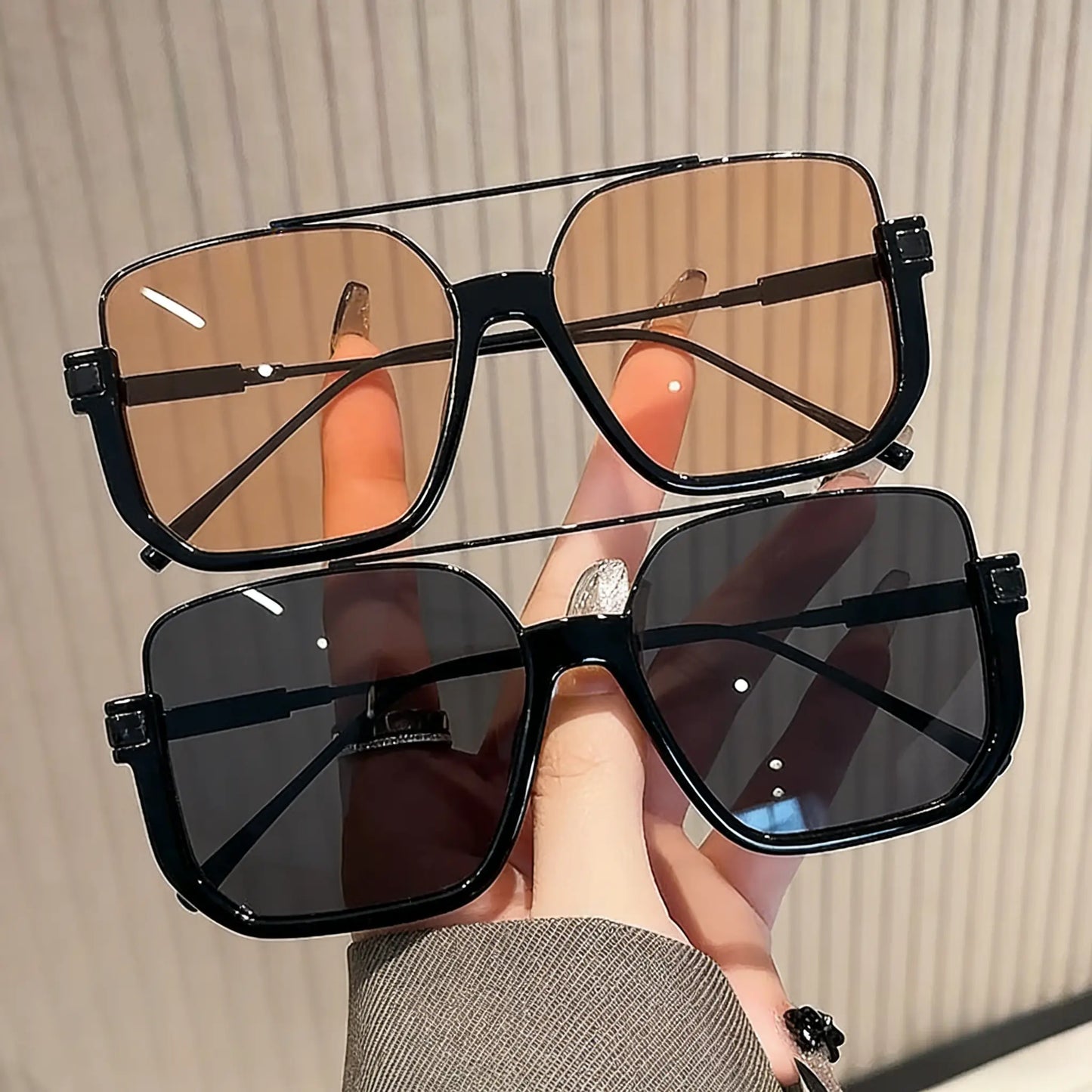 Oversized Square Double Bridge Sunglasses - 2-Pack, Y2K American Retro Style, Versatile Casual UV Protection Aviator Shades