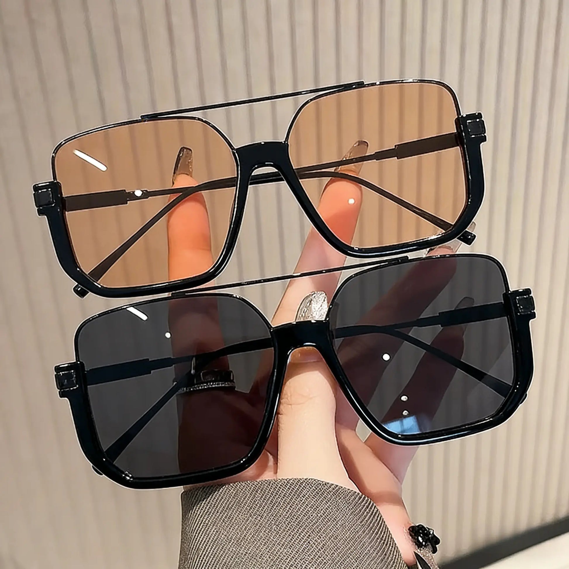 Oversized Square Double Bridge Sunglasses - 2-Pack, Y2K American Retro Style, Versatile Casual UV Protection Aviator Shades