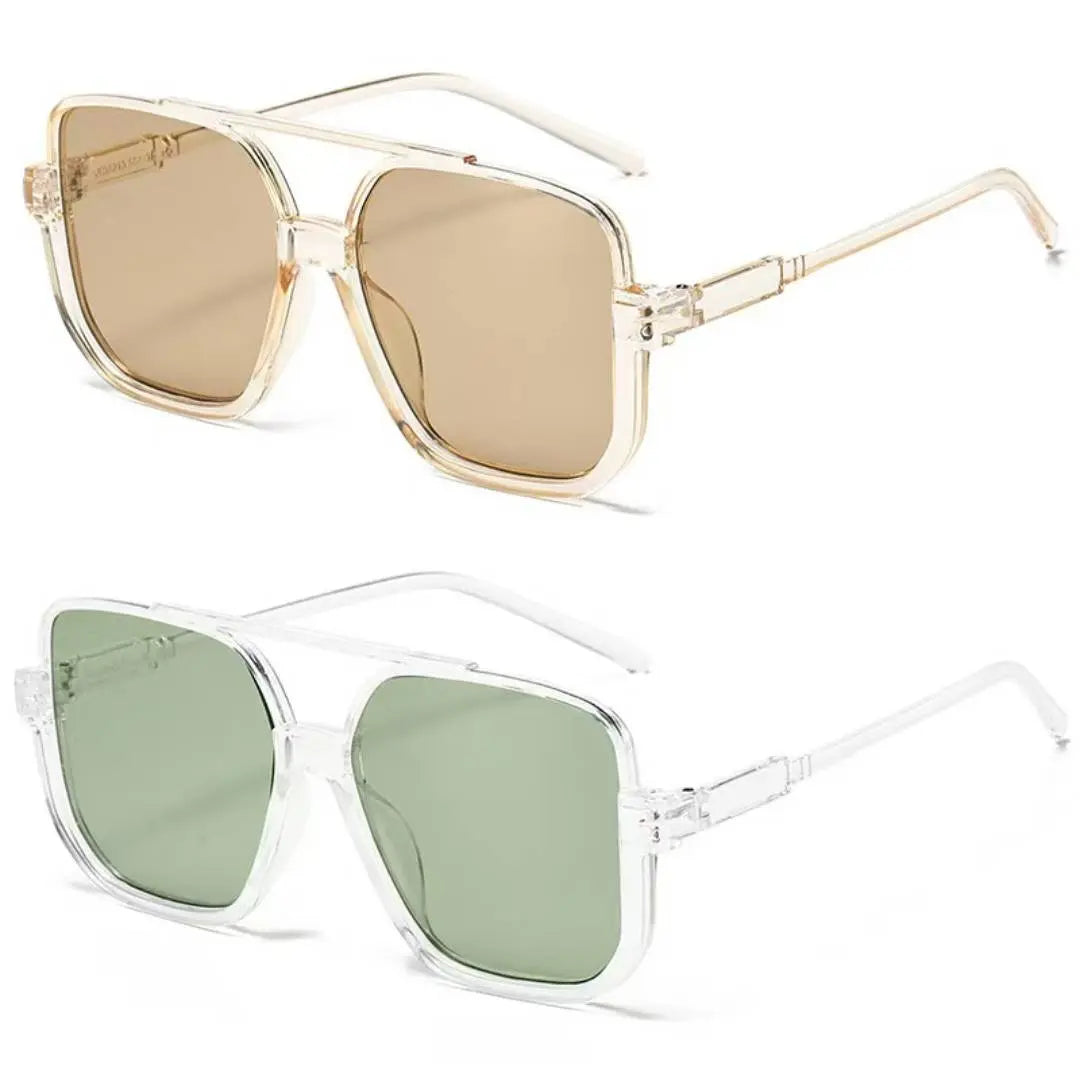 Oversized Square Double Bridge Sunglasses - 2-Pack, Y2K American Retro Style, Versatile Casual UV Protection Aviator Shades