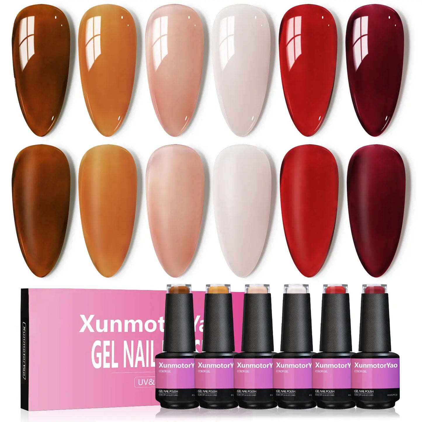 Xunmotor Gel Nail Polish Set - 6-Piece Soak Off UV LED Kit for Professional and Home Use, Fall/Winter Nail Art in Pink, Green, and Blue