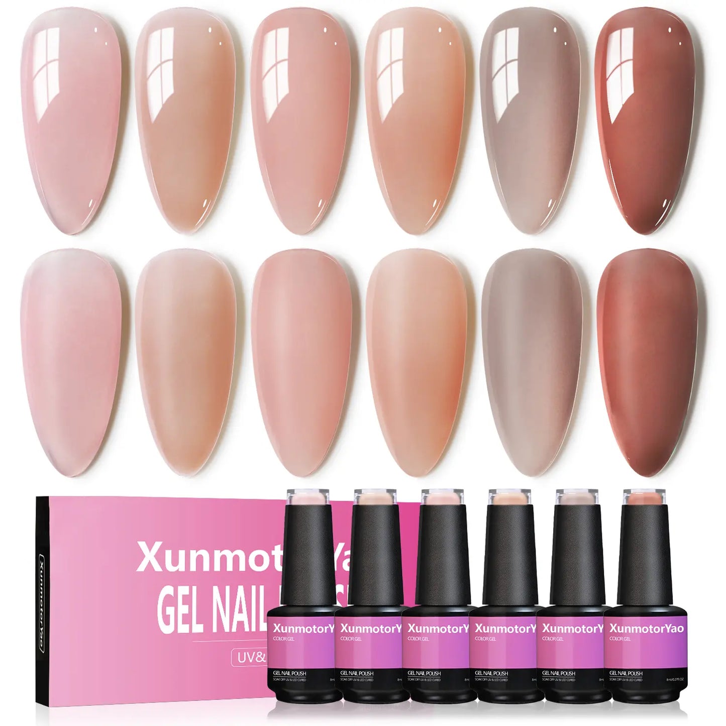 Xunmotor Gel Nail Polish Set - 6-Piece Soak Off UV LED Kit for Professional and Home Use, Fall/Winter Nail Art in Pink, Green, and Blue