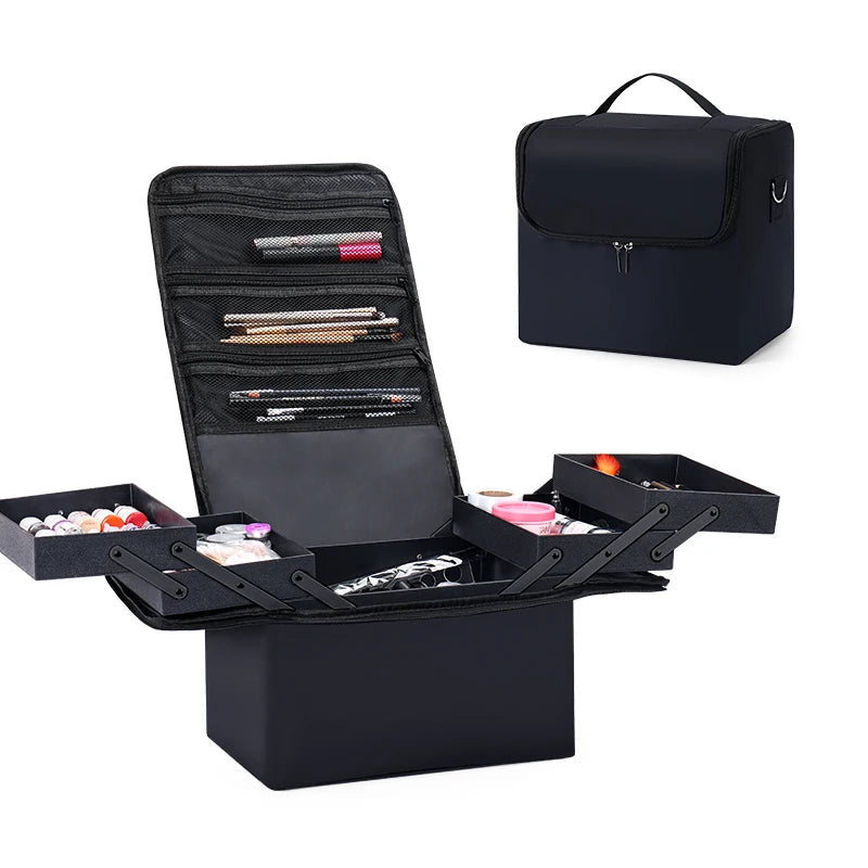 Professional Makeup Train Case — 3-Tier Cantilever Trays, Water-Resistant Oxford
