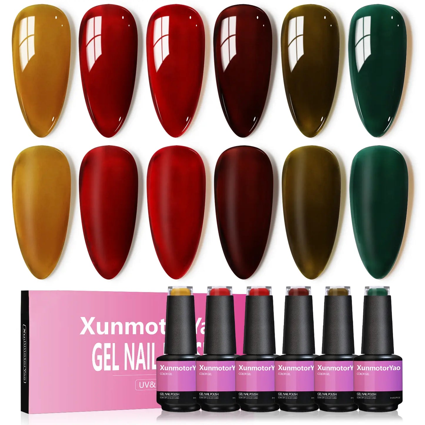 Xunmotor Gel Nail Polish Set - 6-Piece Soak Off UV LED Kit for Professional and Home Use, Fall/Winter Nail Art in Pink, Green, and Blue