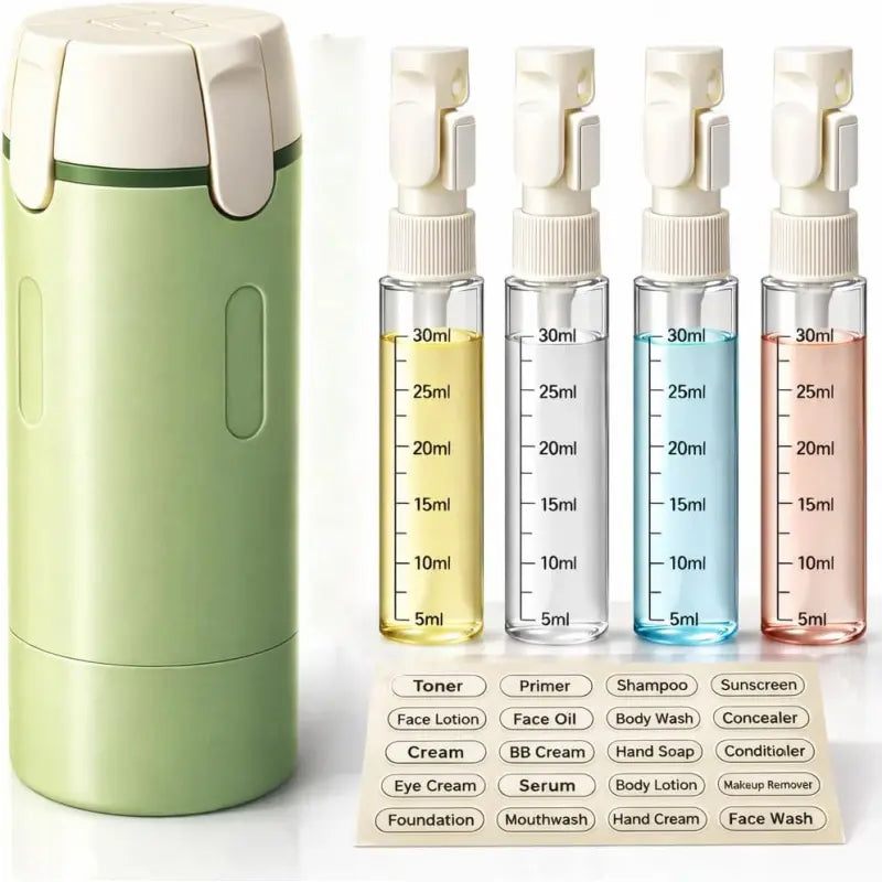 4-in-1 Portable Travel Dispenser for Toiletries - Leak-Proof Shampoo, Conditioner, and Lotion Storage with Pump for Business and Leisure Trips
