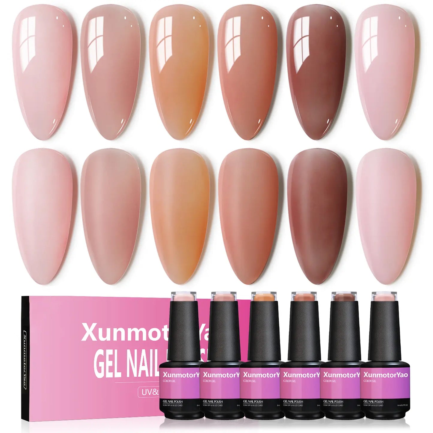 Xunmotor Gel Nail Polish Set - 6-Piece Soak Off UV LED Kit for Professional and Home Use, Fall/Winter Nail Art in Pink, Green, and Blue