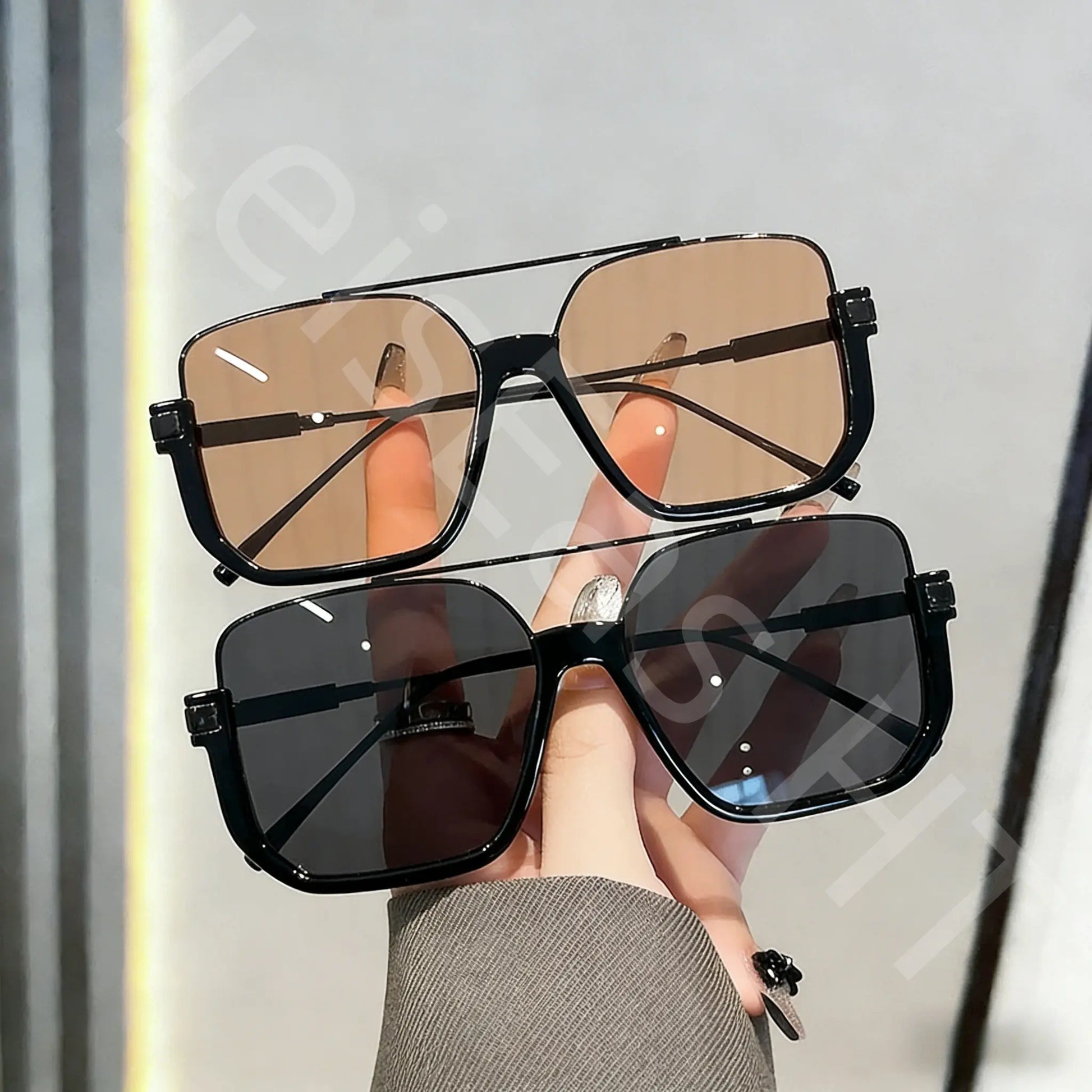 Oversized Square Double Bridge Sunglasses - 2-Pack, Y2K American Retro Style, Versatile Casual UV Protection Aviator Shades
