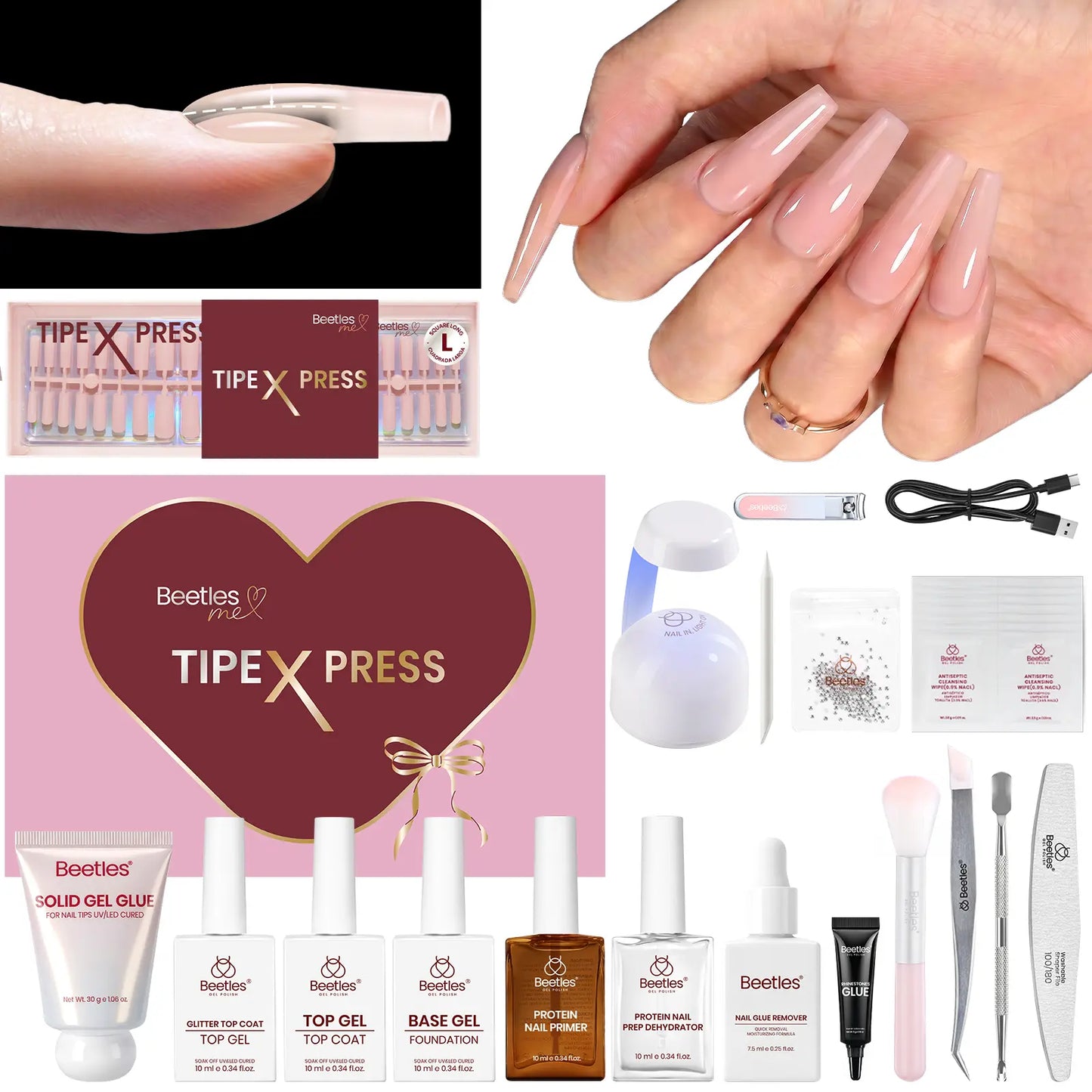 Beetles Tipex Press-On Nail Kit - 160 Pieces, 16 Sizes, Complete DIY Set with UV Lamp, Glue Gel, and Tools for Strong, Thick Nails with Built-In Apex - Perfect Gift for Her