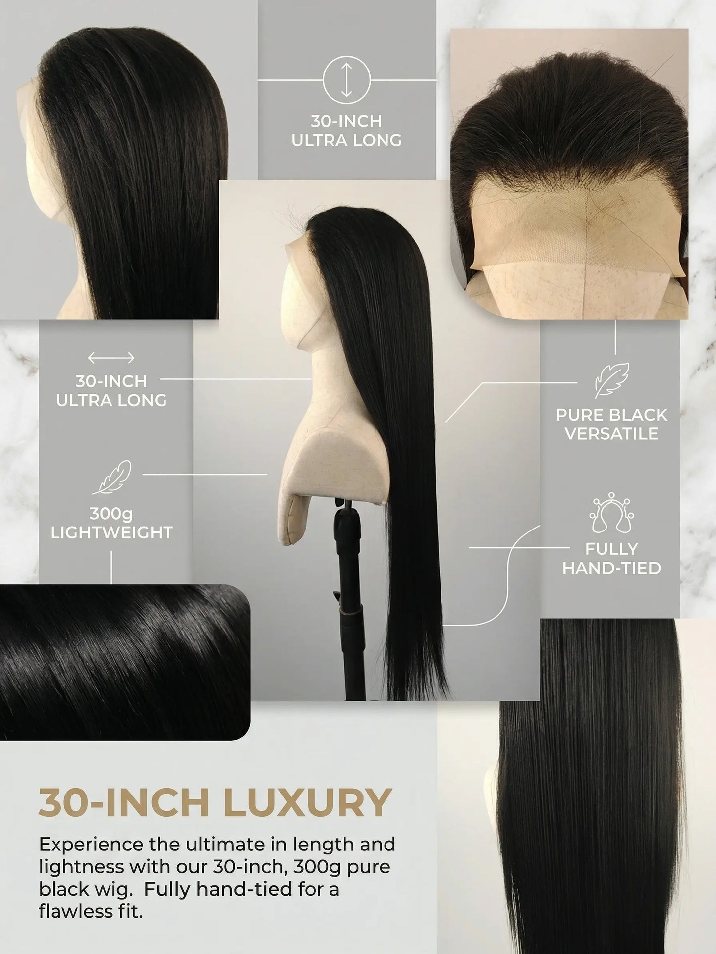 30-Inch Straight Lace Front Wig with Natural Black Color, Pre-Plucked Hairline, 50% Hair Blend, Handmade, Heat-Resistant, Glueless Human Hair