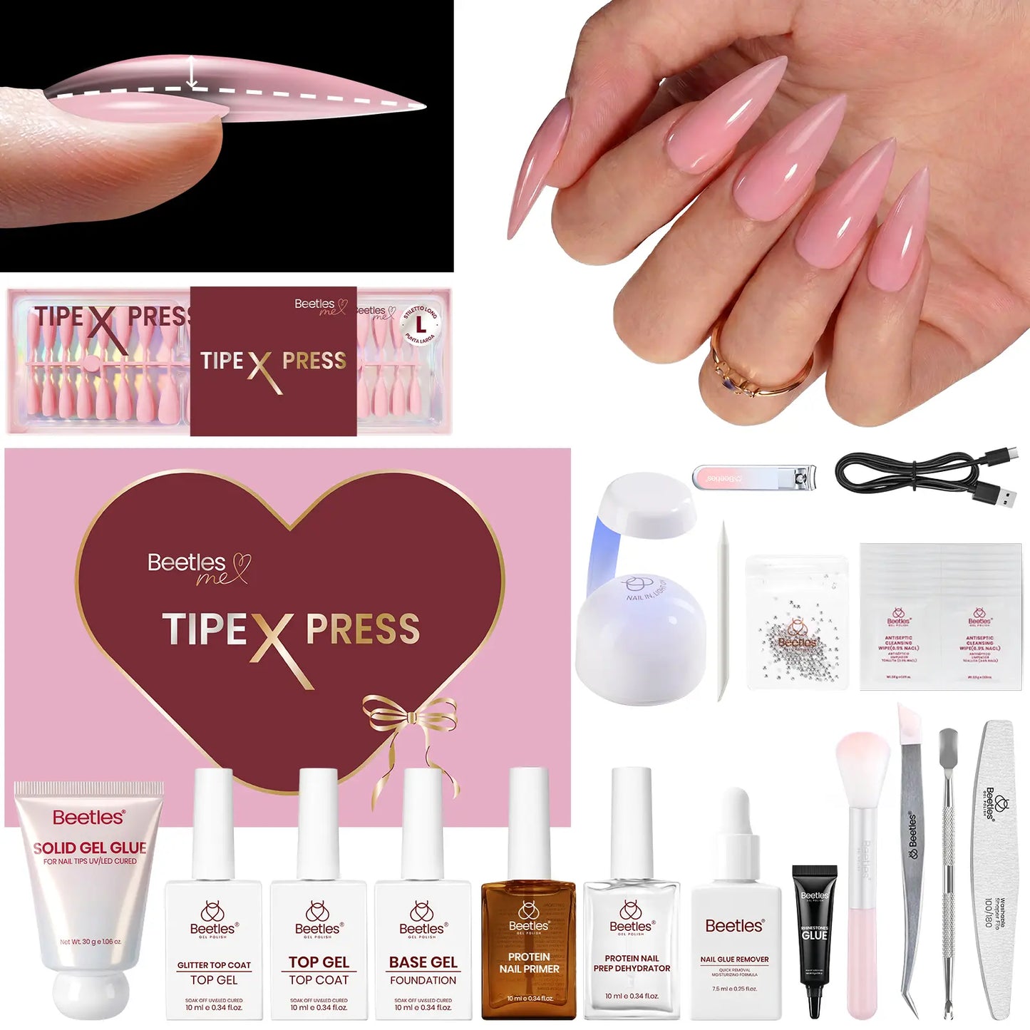 Beetles Tipex Press-On Nail Kit - 160 Pieces, 16 Sizes, Complete DIY Set with UV Lamp, Glue Gel, and Tools for Strong, Thick Nails with Built-In Apex - Perfect Gift for Her
