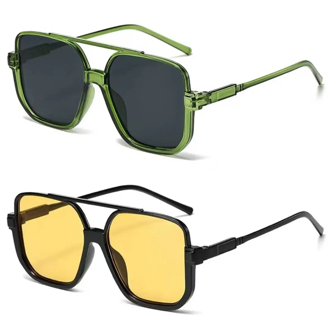 Oversized Square Double Bridge Sunglasses - 2-Pack, Y2K American Retro Style, Versatile Casual UV Protection Aviator Shades