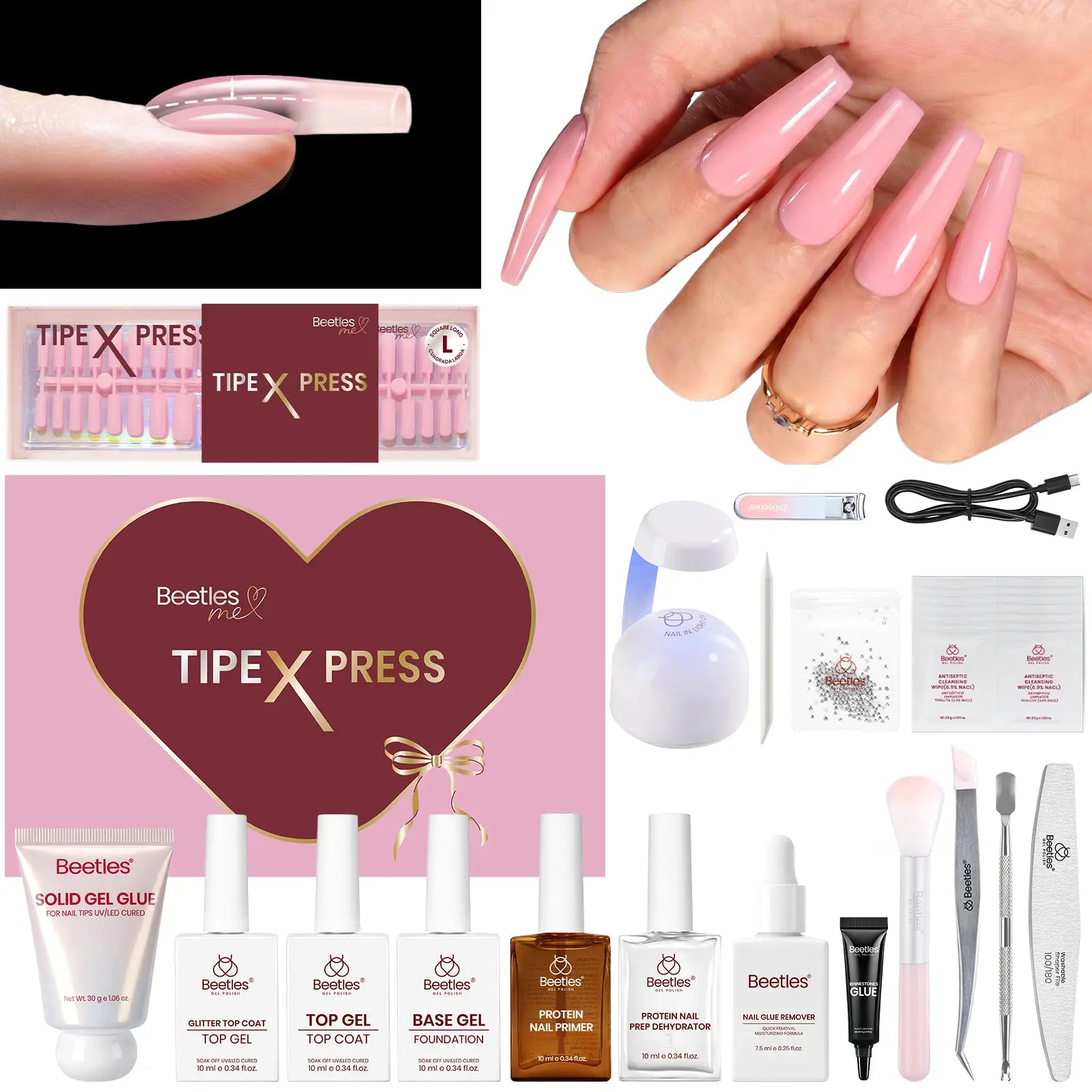 Beetles Tipex Press-On Nail Kit - 160 Pieces, 16 Sizes, Complete DIY Set with UV Lamp, Glue Gel, and Tools for Strong, Thick Nails with Built-In Apex - Perfect Gift for Her
