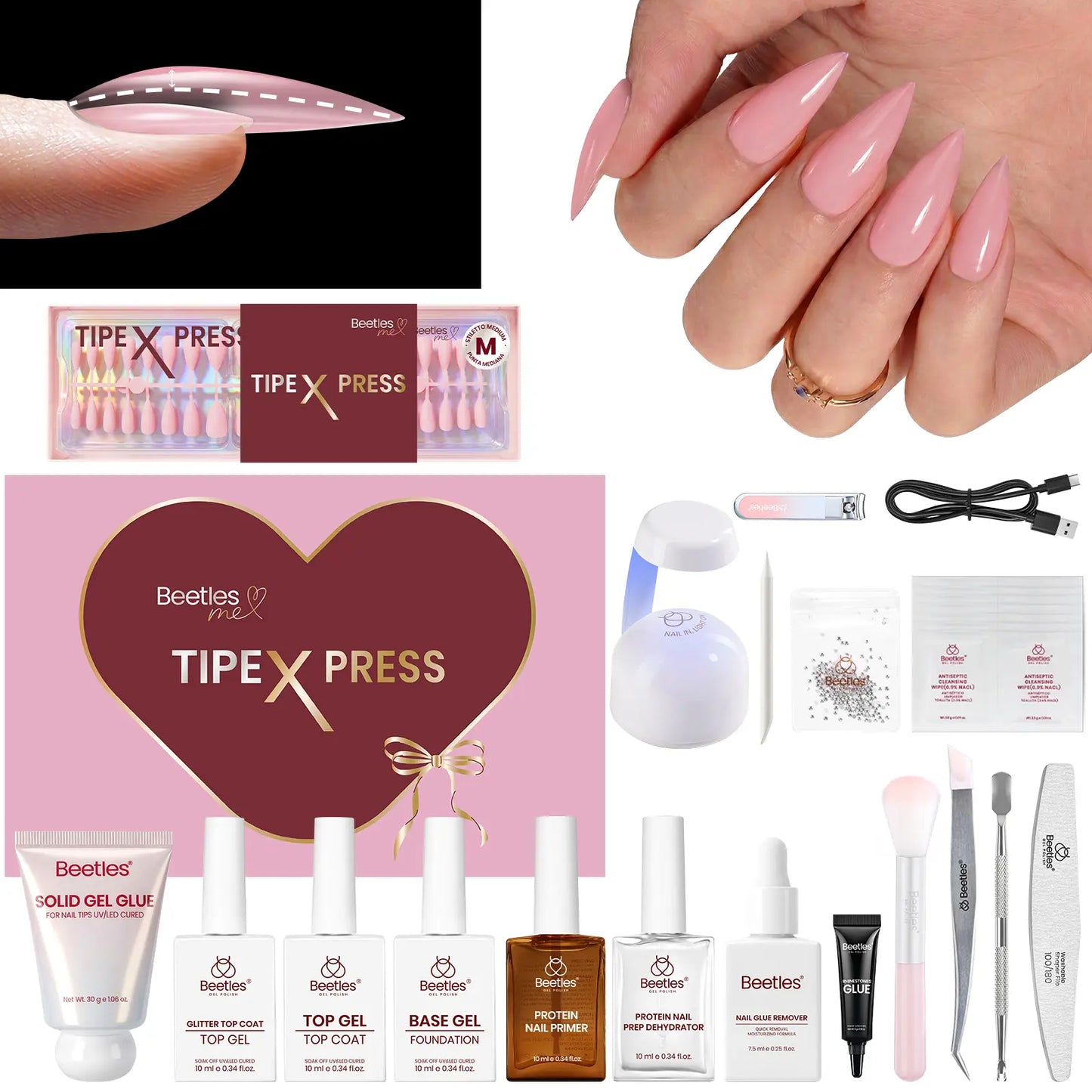 Beetles Tipex Press-On Nail Kit - 160 Pieces, 16 Sizes, Complete DIY Set with UV Lamp, Glue Gel, and Tools for Strong, Thick Nails with Built-In Apex - Perfect Gift for Her
